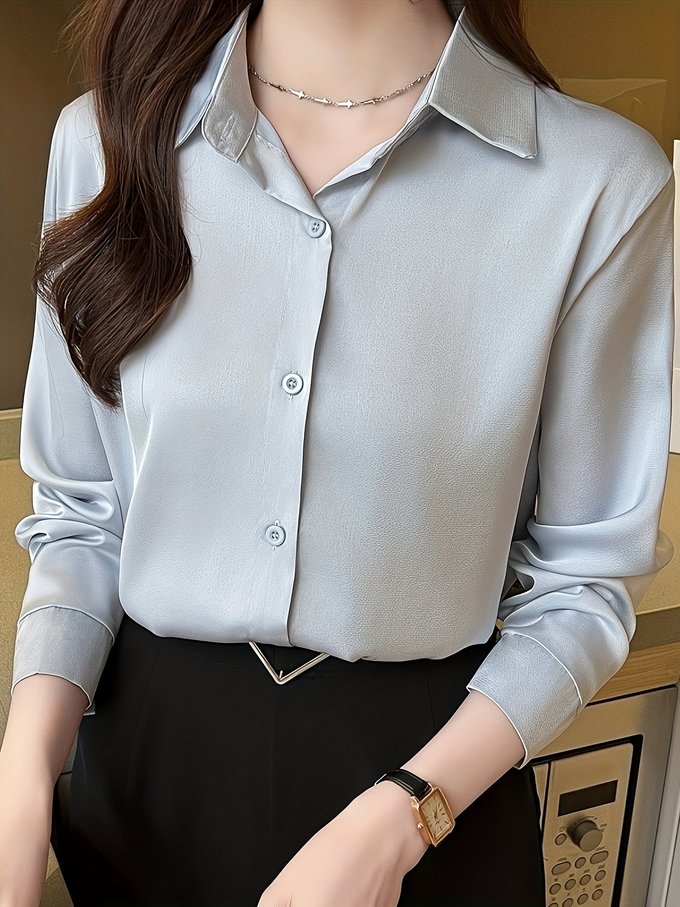 Sixsr Solid Button Front Shirt, Casual Long Sleeve Collar Work Office Shirt, Women's Clothing