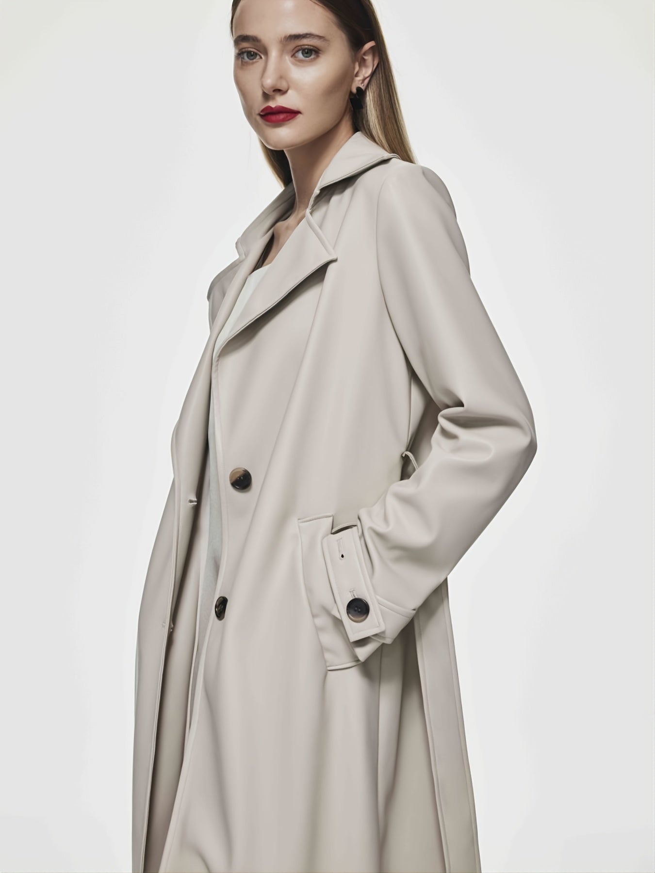 Sixsr Solid Faux Leather Double Lapel Long Sleeve Trench Coat, Fashion Fall Winter Overcoat, Women's Clothing