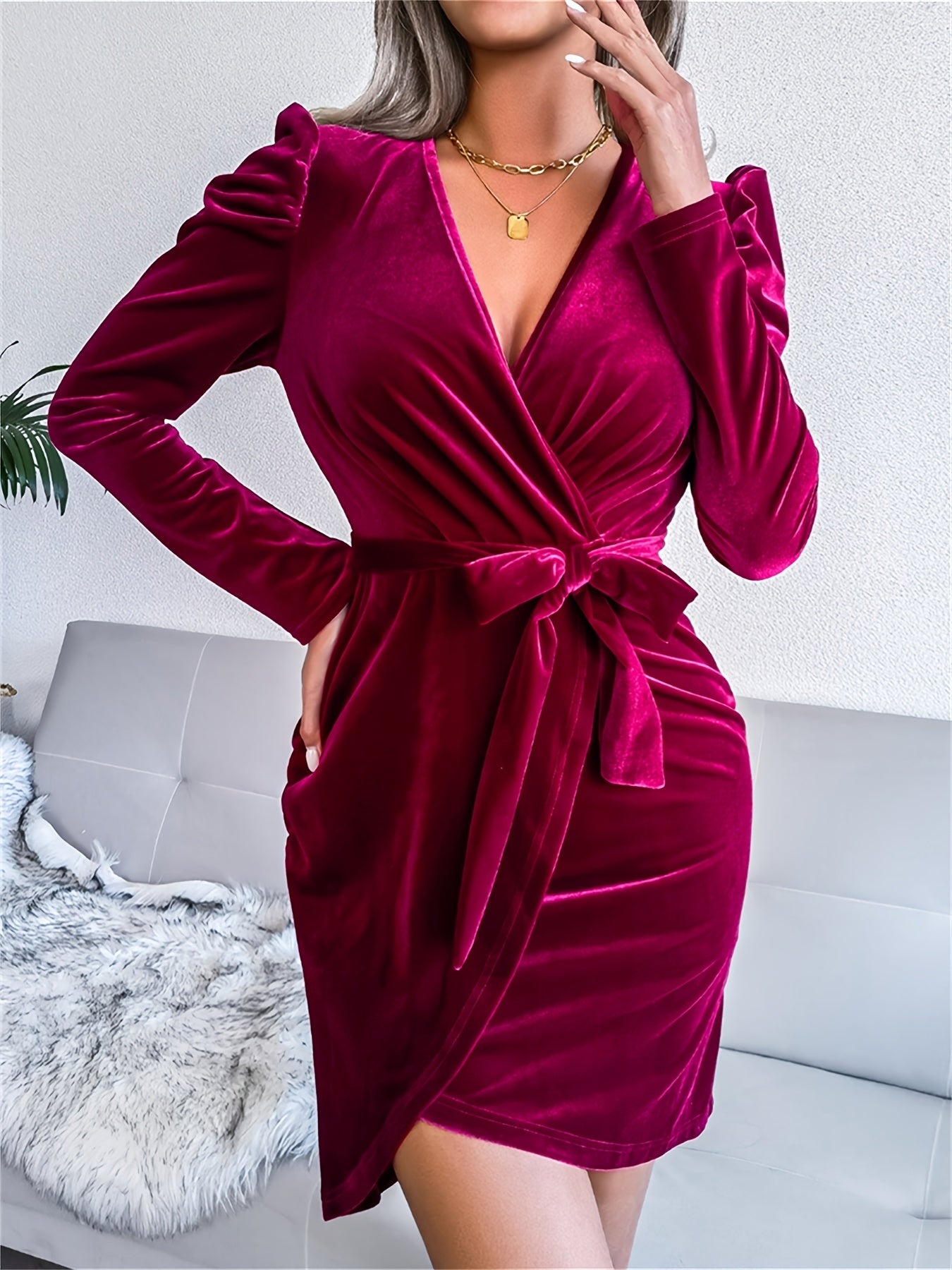 Sixsr Solid V Neck Long Sleeve Tie Waist Evening Dress, Sexy Bag Hip Bag Hip Bodycon Party Dress, Women's Clothing