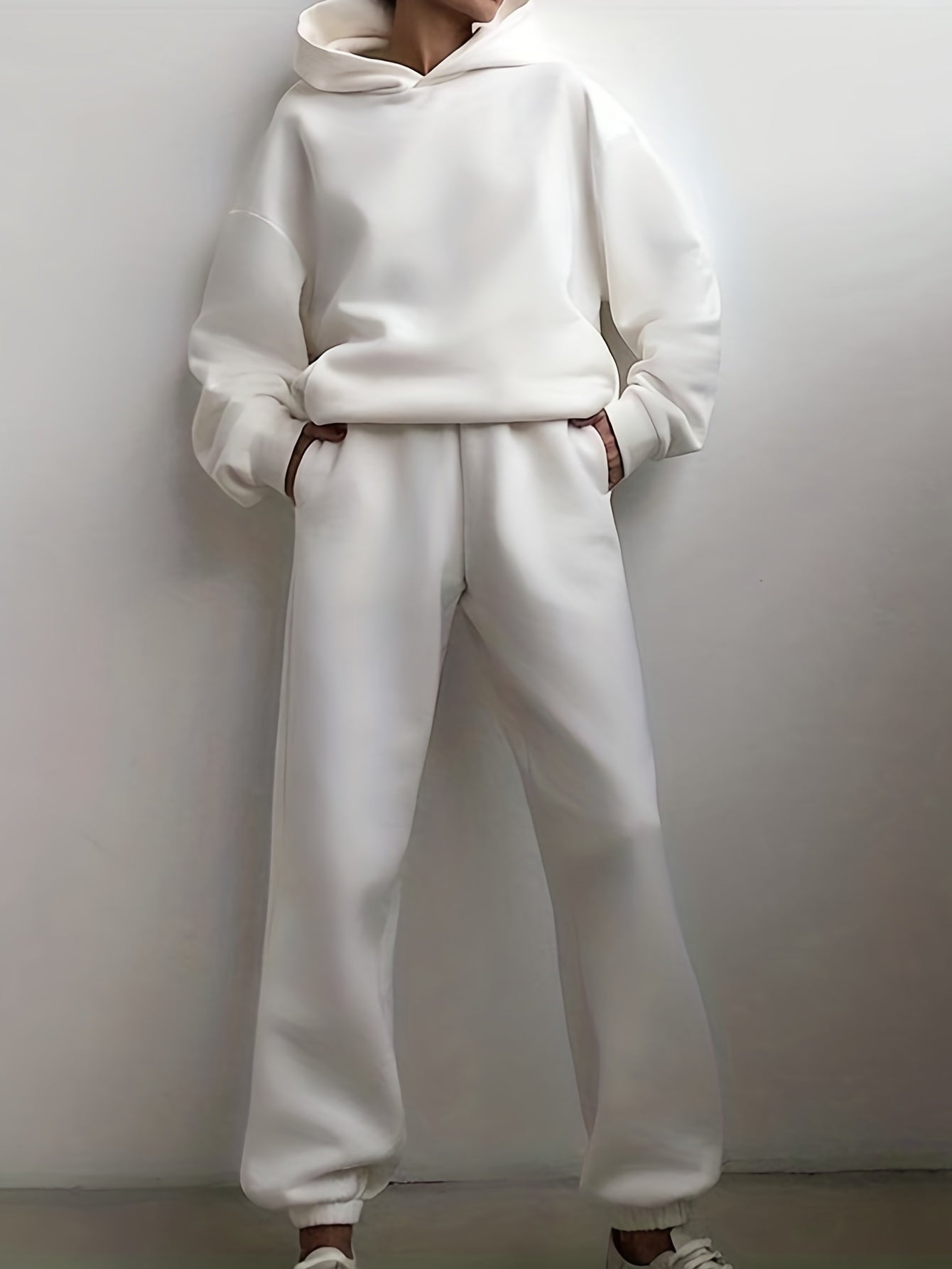 Sixsr Casual Solid Two-piece Set, Drop Shoulder Long Sleeve Hoodies & Elastic Waist Jogger Pants Outfits, Women's Clothing
