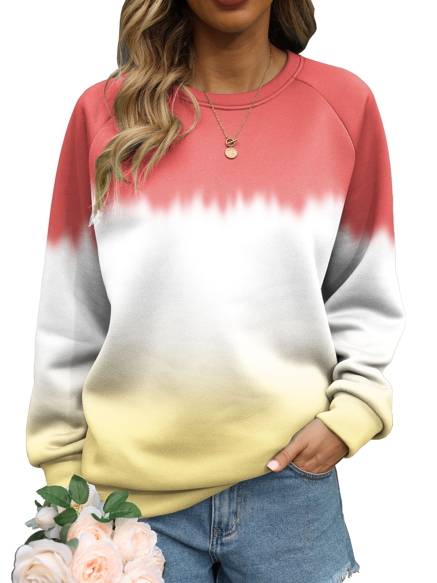 Sixsr Plus Size Casual Sweatshirt, Women's Plus Colorblock Ombre Print Long Sleeve Round Neck Slight Stretch Pullover Sweatshirt