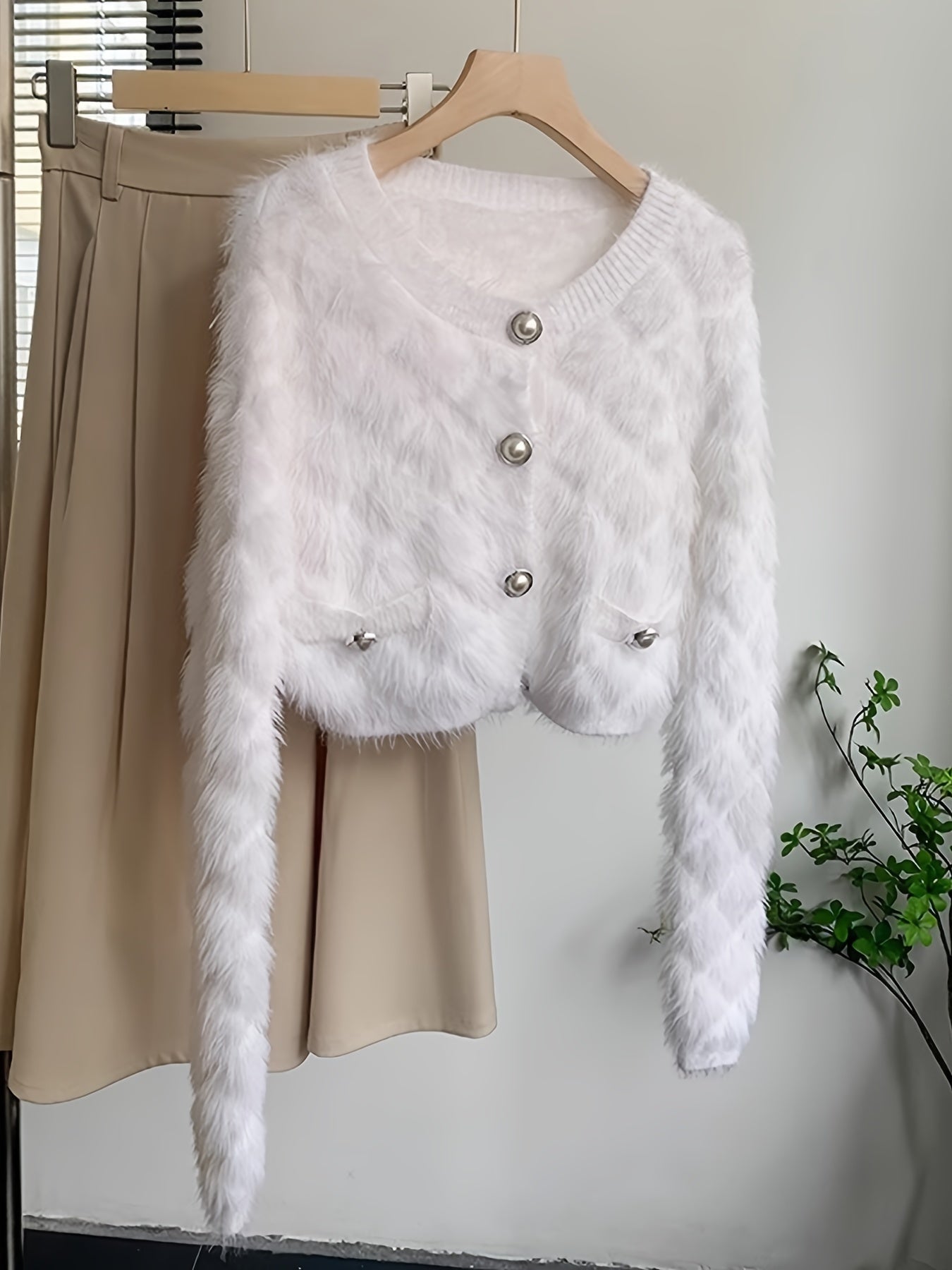 Sixsr Faux Fur Button Down Knit Cardigan, Elegant Long Sleeve Cozy Stylish Sweater, Women's Clothing