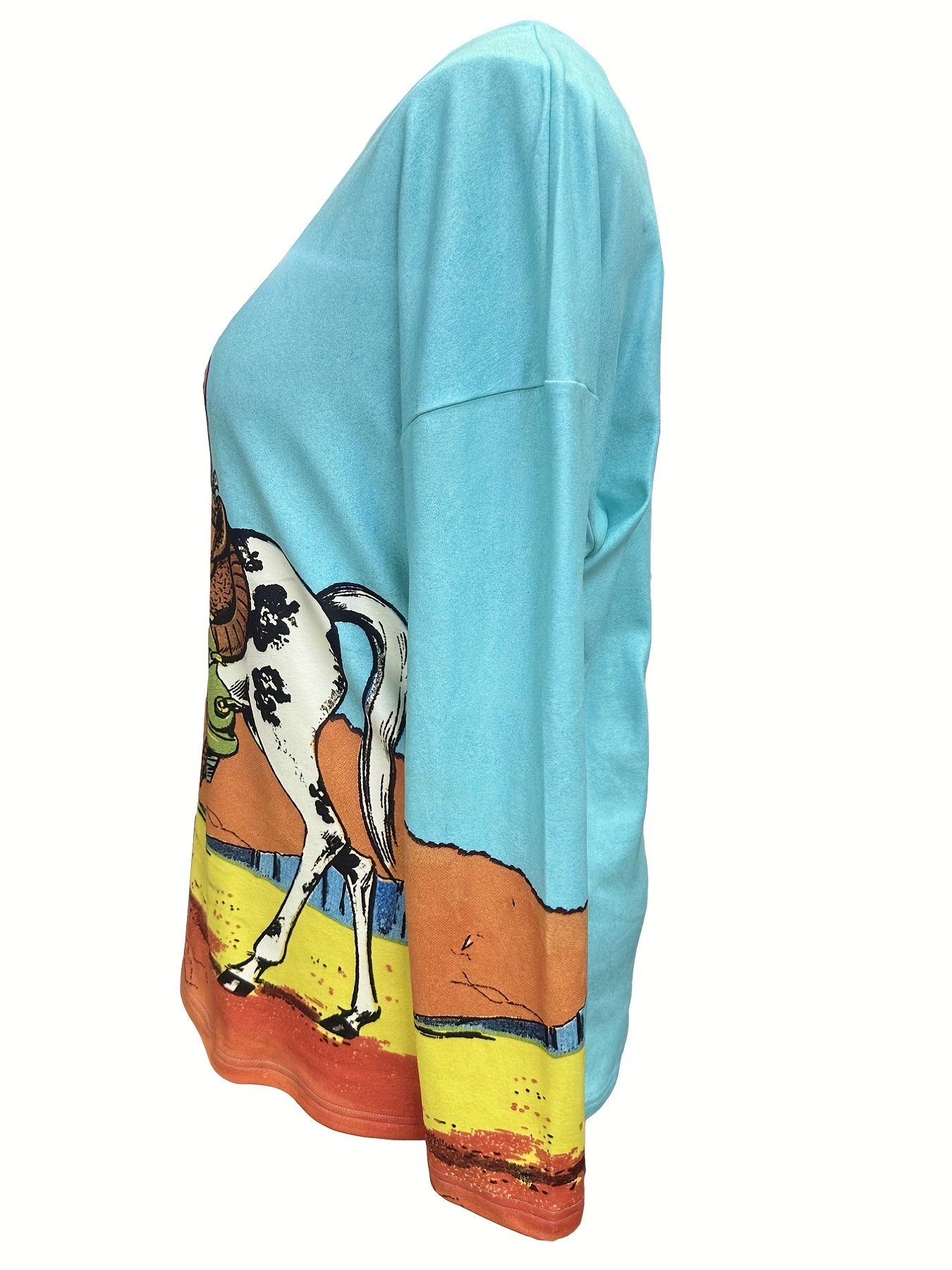 Sixsr Plus Size Casual Sweatshirt, Women's Plus Cowboy Print Long Sleeve Round Neck Western Style Sweatshirt
