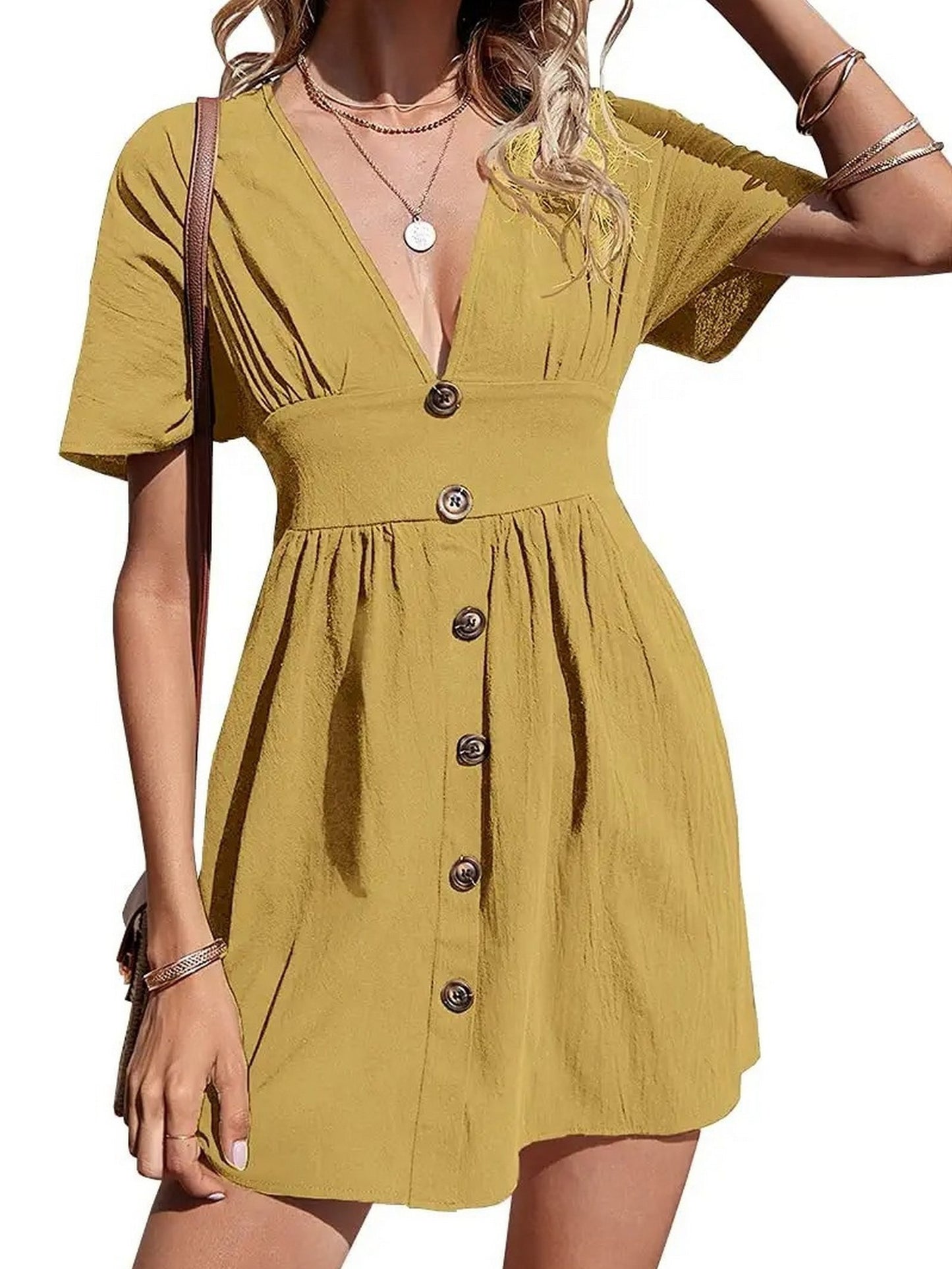 Sixsr Women's Dresses Sexy Solid Color V Neck Button Up Short Sleeve Dresses