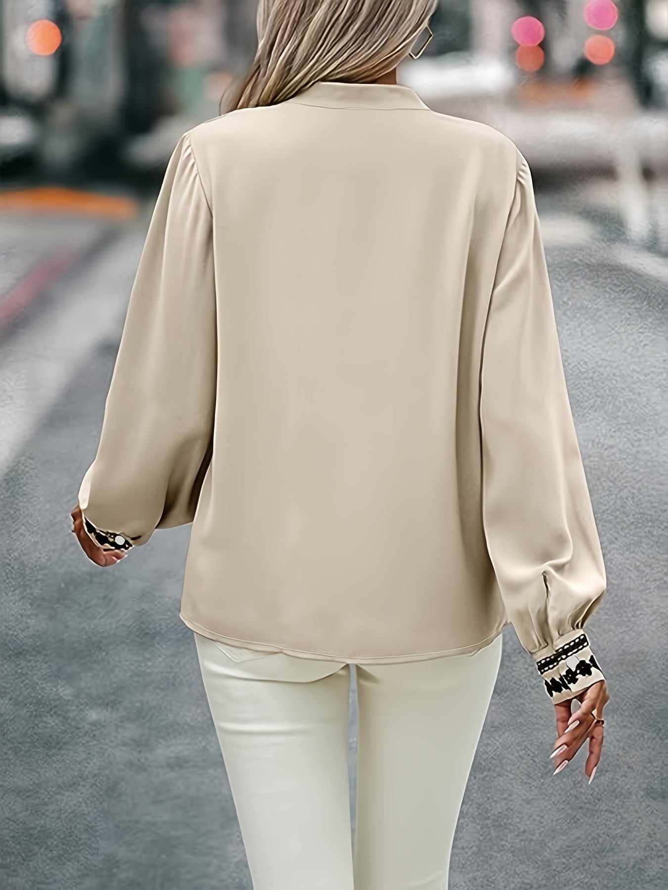 Sixsr Lace Stitching Mock Neck Button Blouse, Elegant Long Sleeve Blouse For Spring & Fall, Women's Clothing