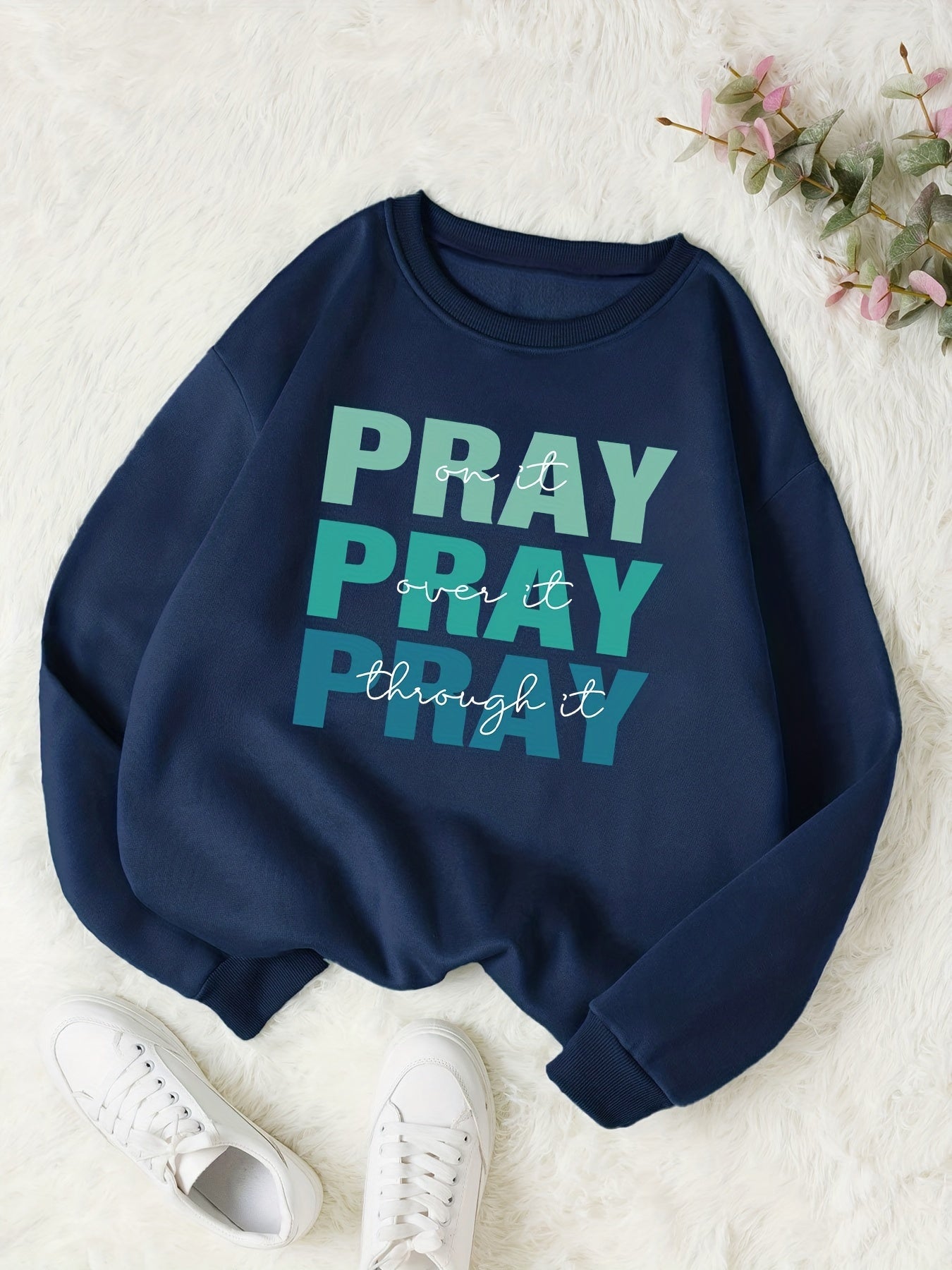 Sixsr Pray Letter Print Thermal Sweatshirt, Long Sleeve Crew Neck Casual Sweatshirt For Spring & Fall, Women's Clothing