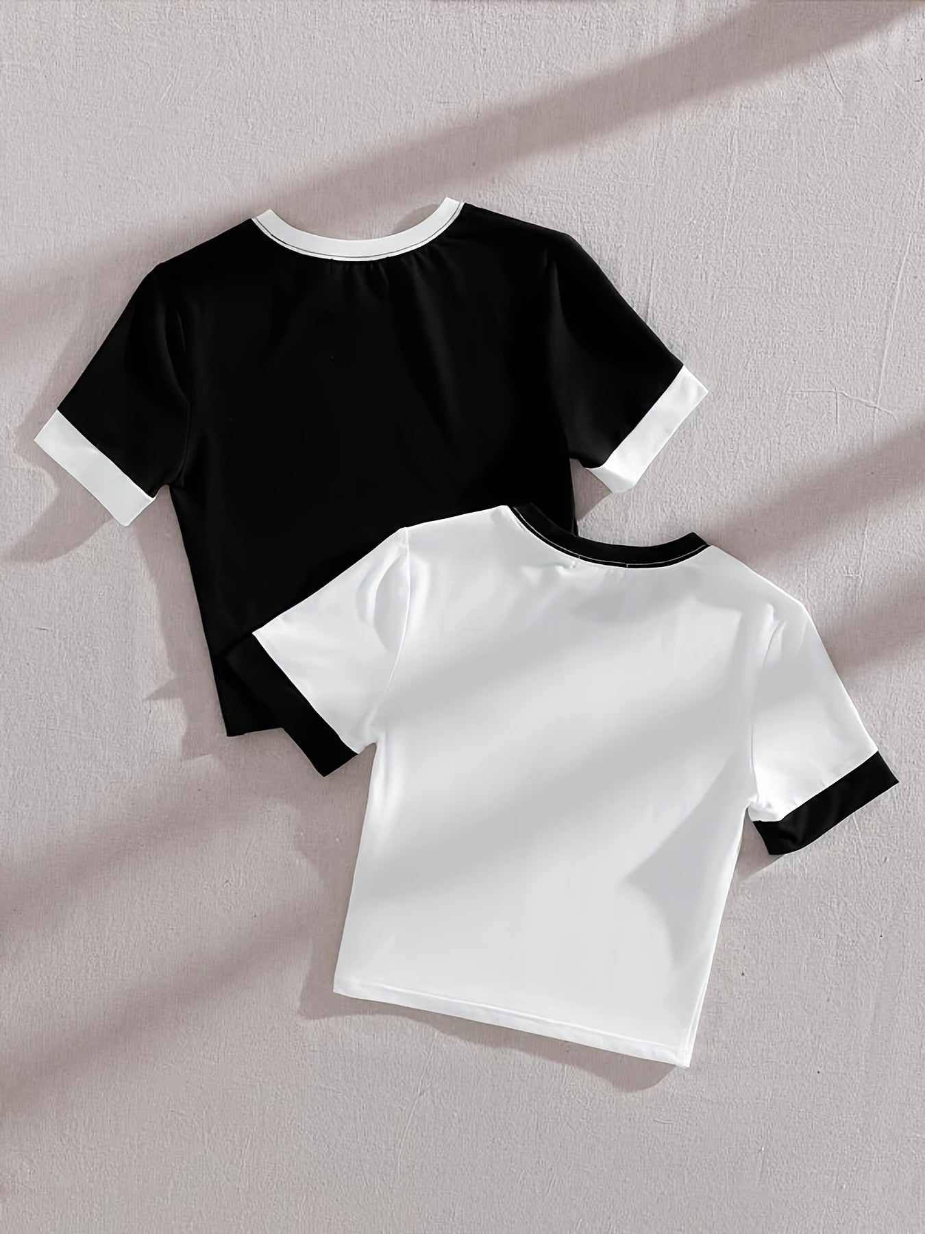 Sixsr 2 Piece Crop T-Shirt Set, Solid Short Sleeve Crew Neck T-Shirt For Summer & Spring, Women's Clothing