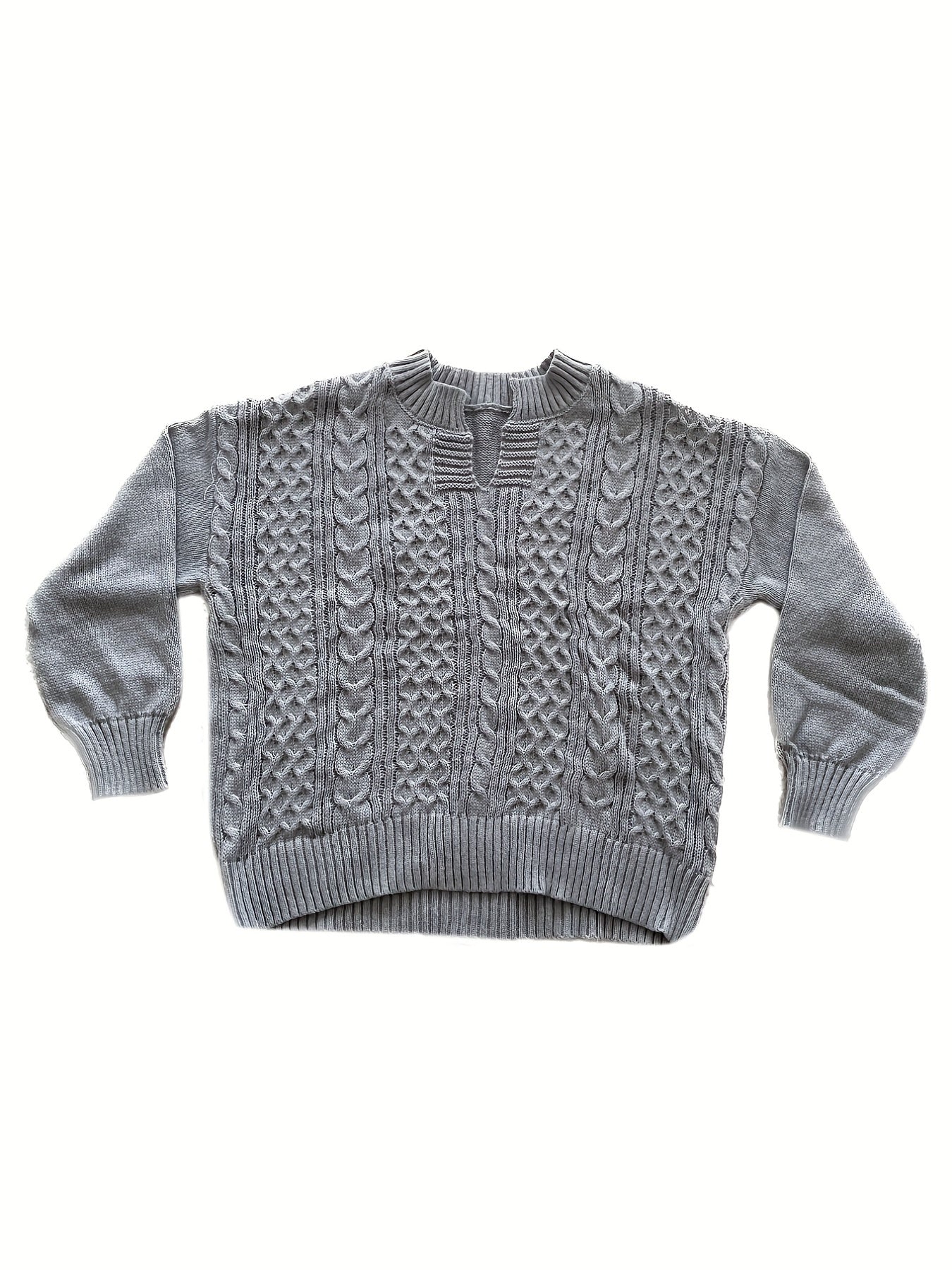 Sixsr Plus Size Casual Sweater, Women's Plus Solid Jacquard Long Sleeve Notched Neck Slight Stretch Sweater