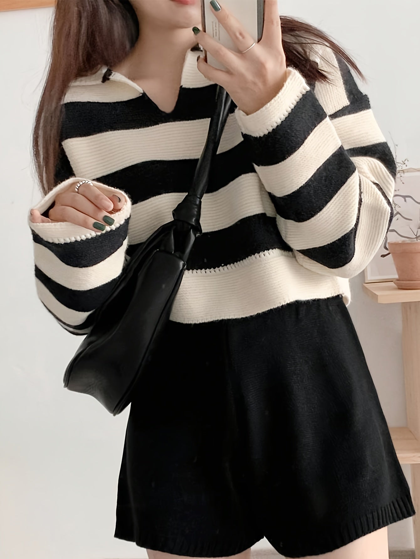 Sixsr Striped Notched Collar Pullover Sweater, Casual Long Sleeve Loose Crop Sweater, Women's Clothing