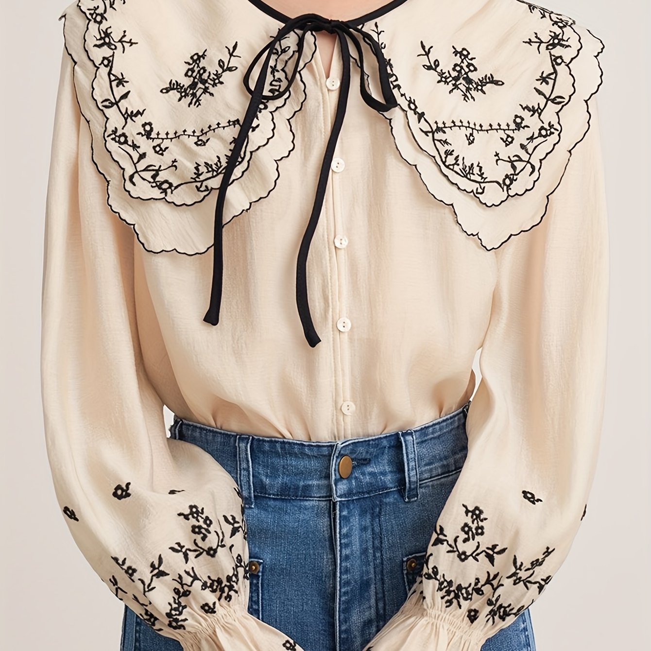 Sixsr Floral Embroidered Button Up Doll Collar Blouse, Long Sleeve Tie Neck Elegant Blouse, Women's Clothing