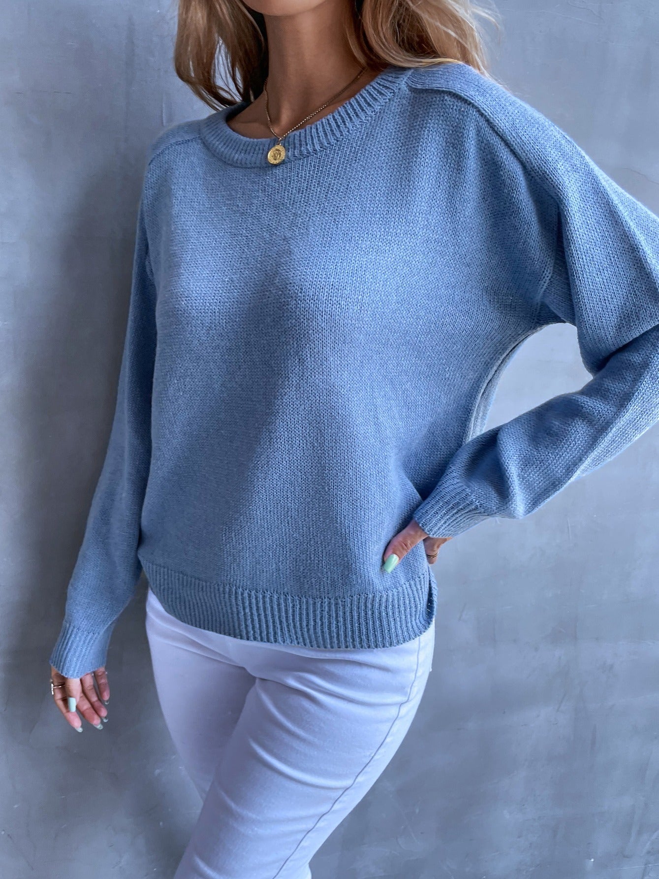 Sixsr Women's Sweater Casual Solid Blue Crewneck Raglan Sleeve Loose Fall Winter Sweater