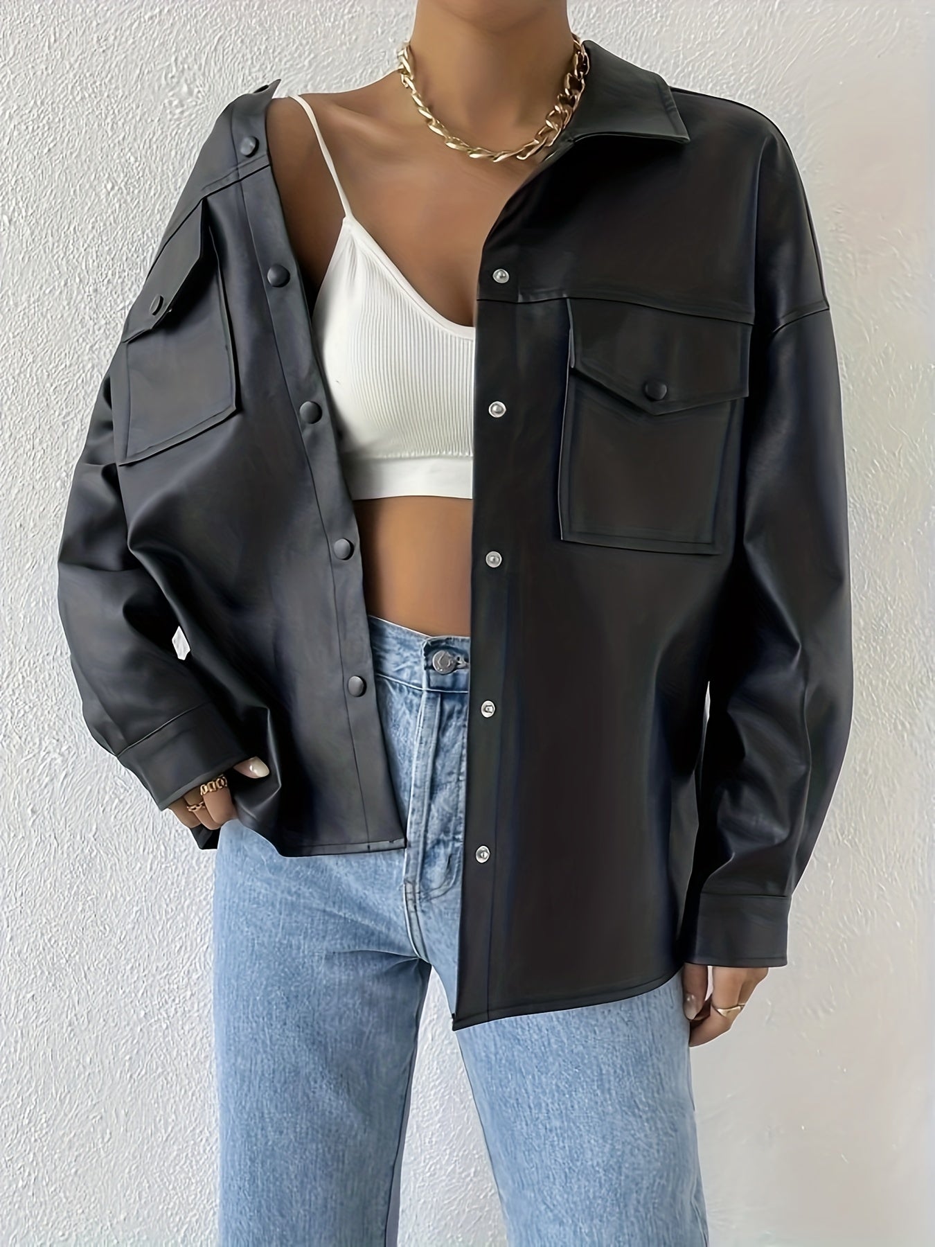 Sixsr Faux Leather Flap Pockets Jacket, Vintage Long Sleeve Drop Shoulder Solid Outwear , Women's Clothing