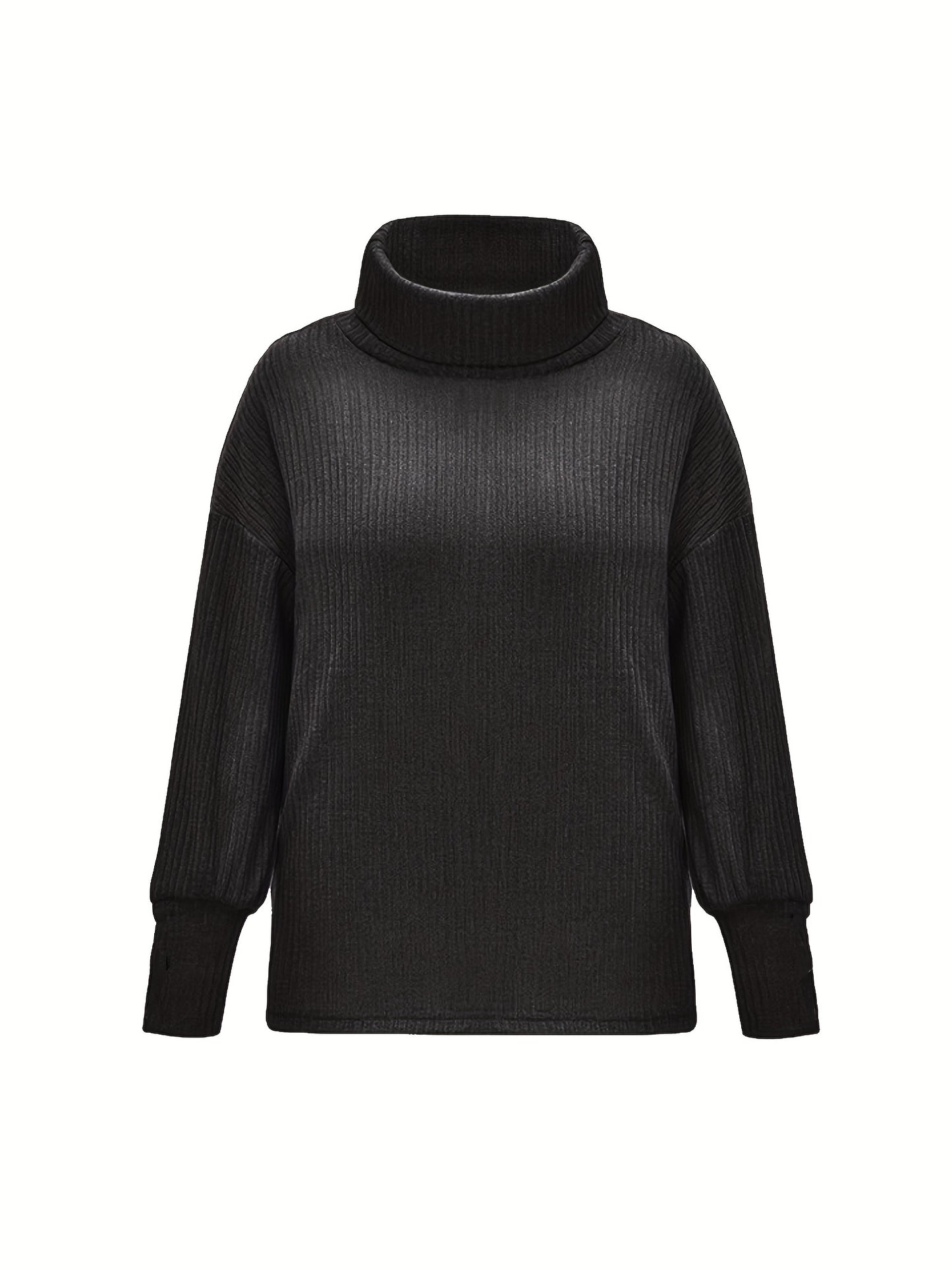 Sixsr Plus Size Casual Sweater, Women's Plus Solid Ribbed Turtle Neck Long Sleeve Medium Stretch Sweater