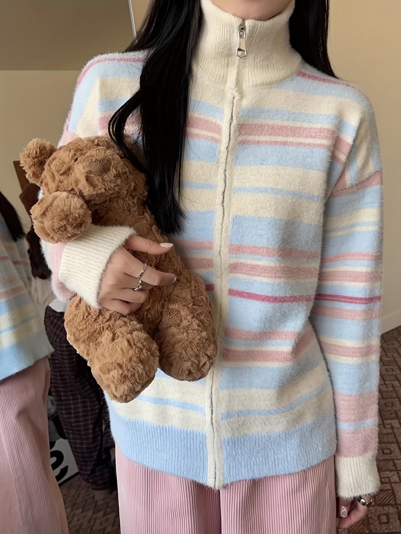 Sixsr Dopamine Striped Zip Up Knit Cardigan, Casual Turtle Neck Long Sleeve Loose Sweater, Women's Clothing