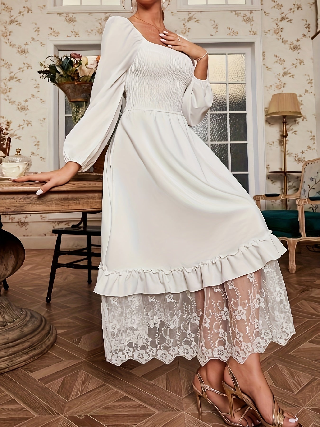 Sixsr Lace Trim Shirred Dress, Elegant Ruffle Square Neck Lantern Long Sleeve Dress For Spring & Fall, Women's Clothing