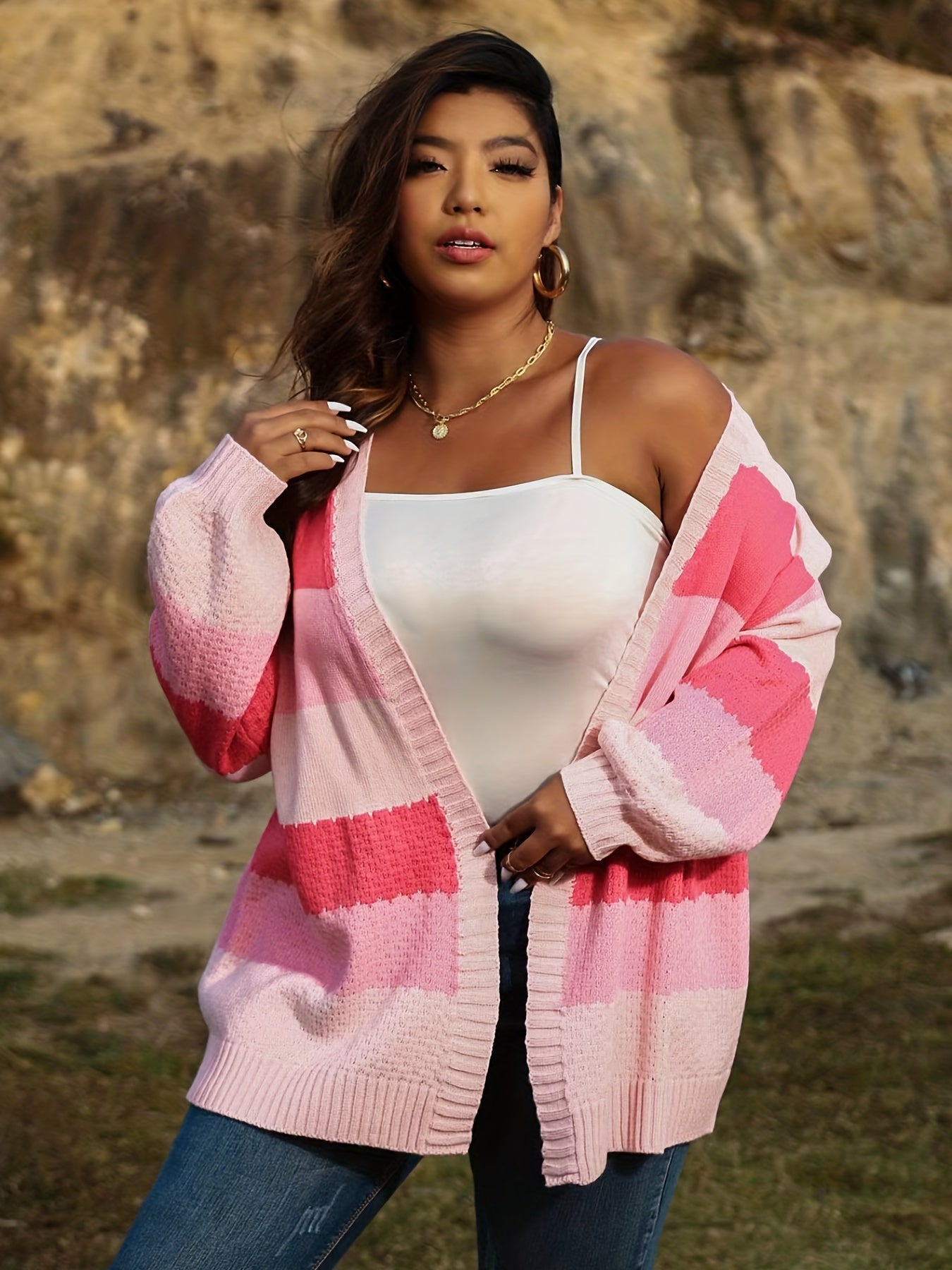 Sixsr Plus Size Colorblock Long Sleeve Cardigan, Women's Plus Slight Stretch Casual Sweater Cardigan