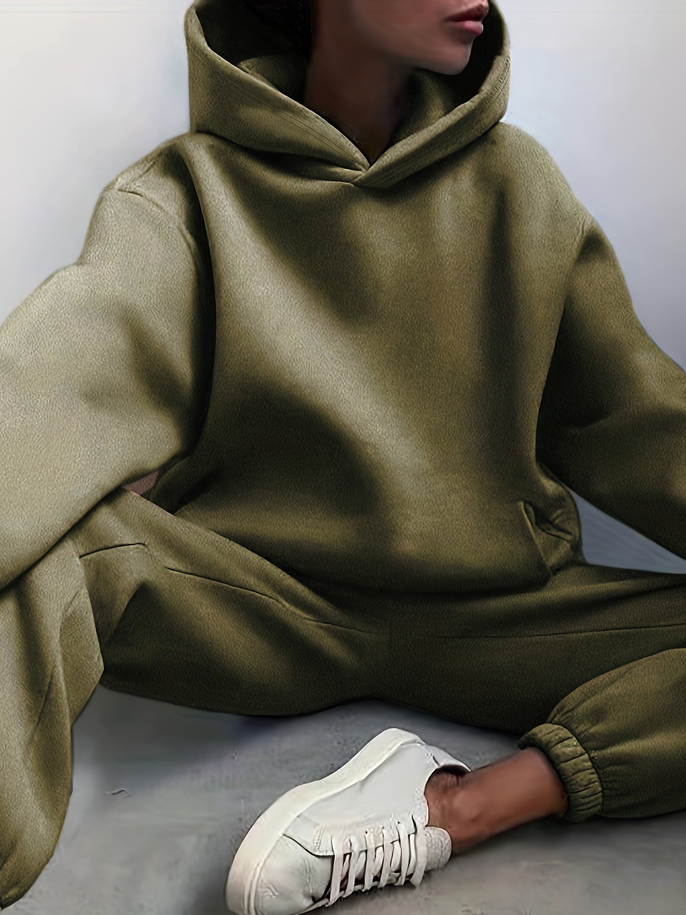 Sixsr Casual Solid Two-piece Set, Drop Shoulder Long Sleeve Hoodies & Elastic Waist Jogger Pants Outfits, Women's Clothing