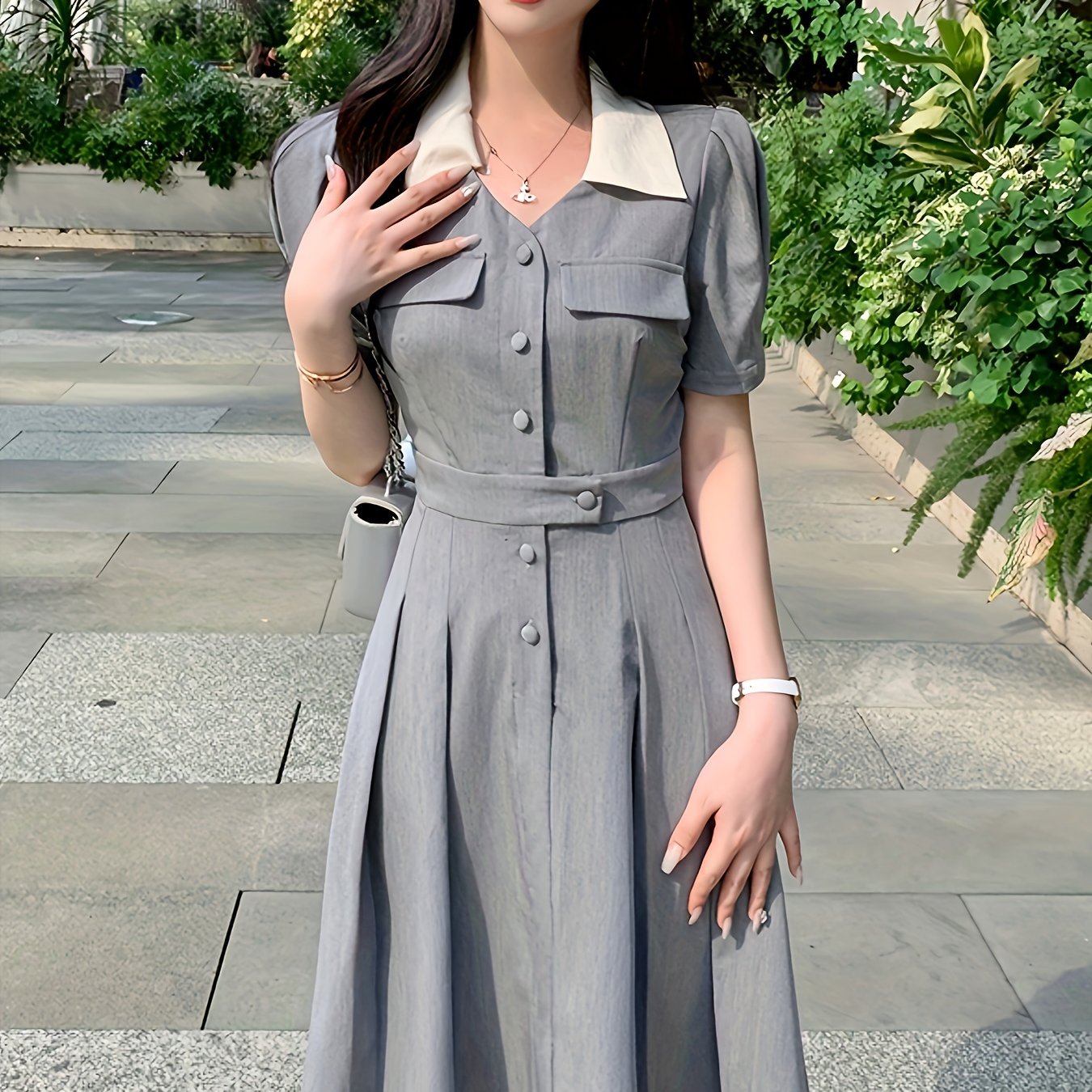 Sixsr Button Front Tucked Dress, Elegant Puff Sleeve V Neck Dress, Women's Clothing