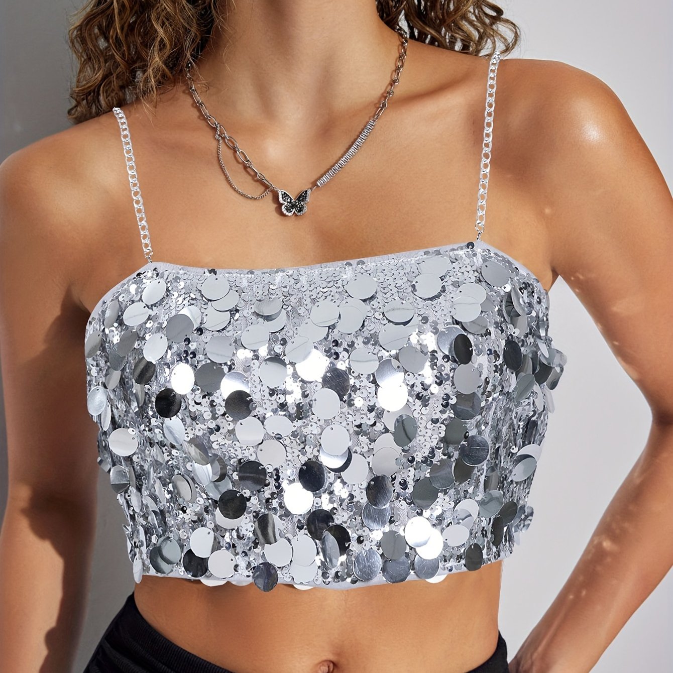 Sixsr Sequined Chain Strap Cami Top, Elegant Sleeveless Zip Back Top For Summer & Spring, Women's Clothing