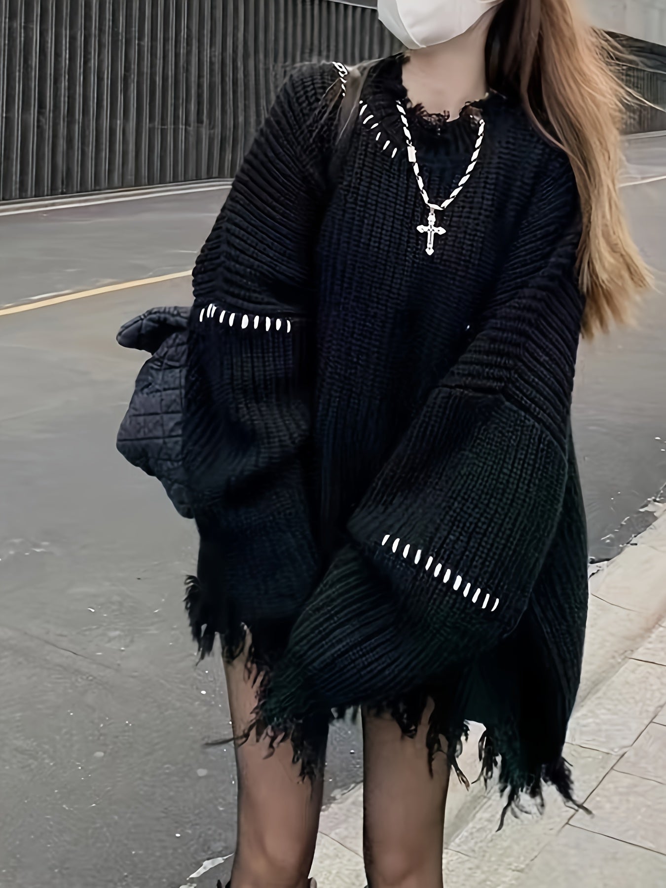 Sixsr Stylish Ripped Crew Neck Oversized Sweater, Distressed Long Sleeve Raw Hem Sweater, Women's Clothing