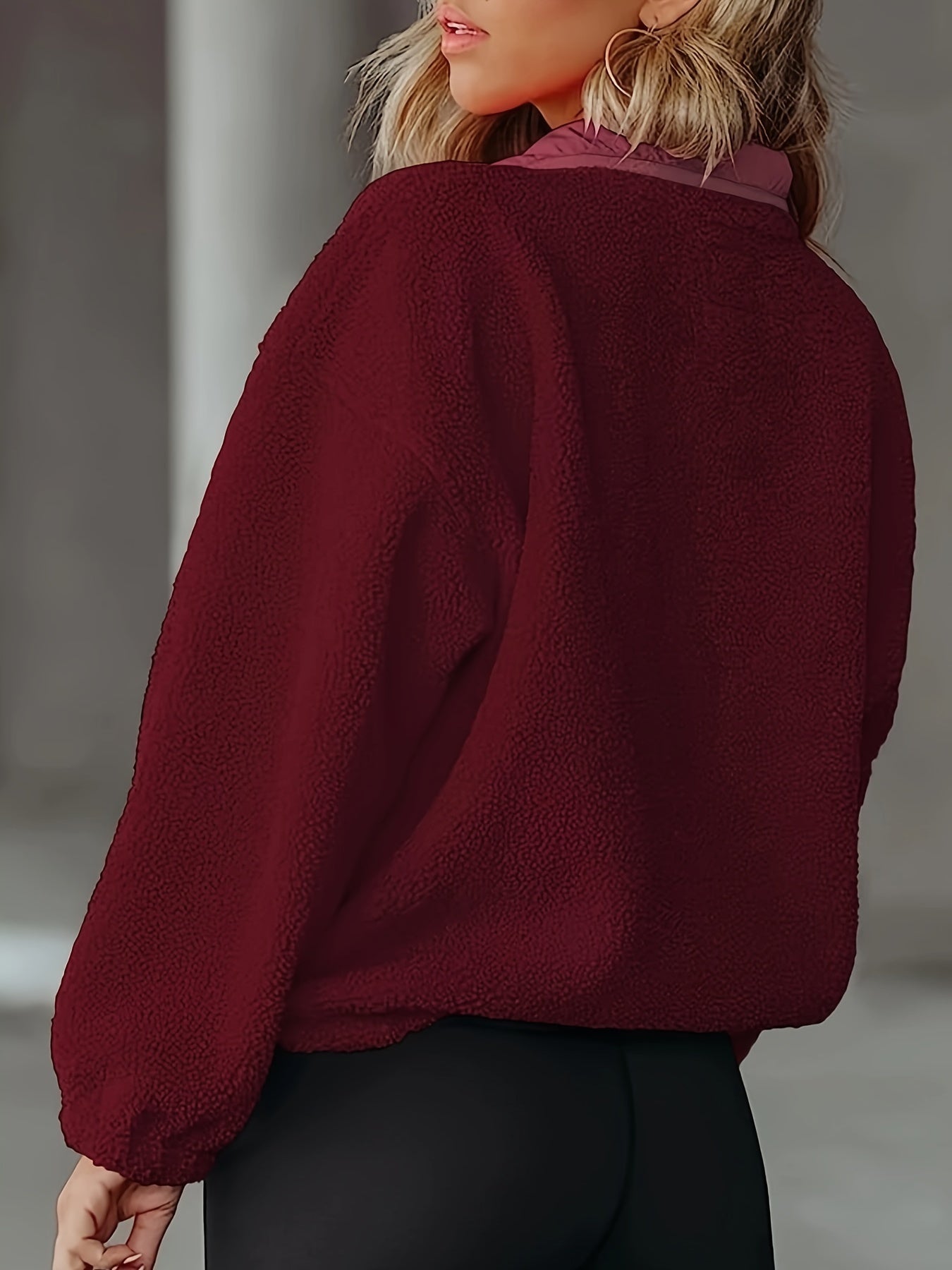 Sixsr Plus Size Casual Jacket, Women's Plus Colorblock Long Sleeve Sherpa Fleece Half Zipper Lapel Collar Pullover Jacket With Pockets