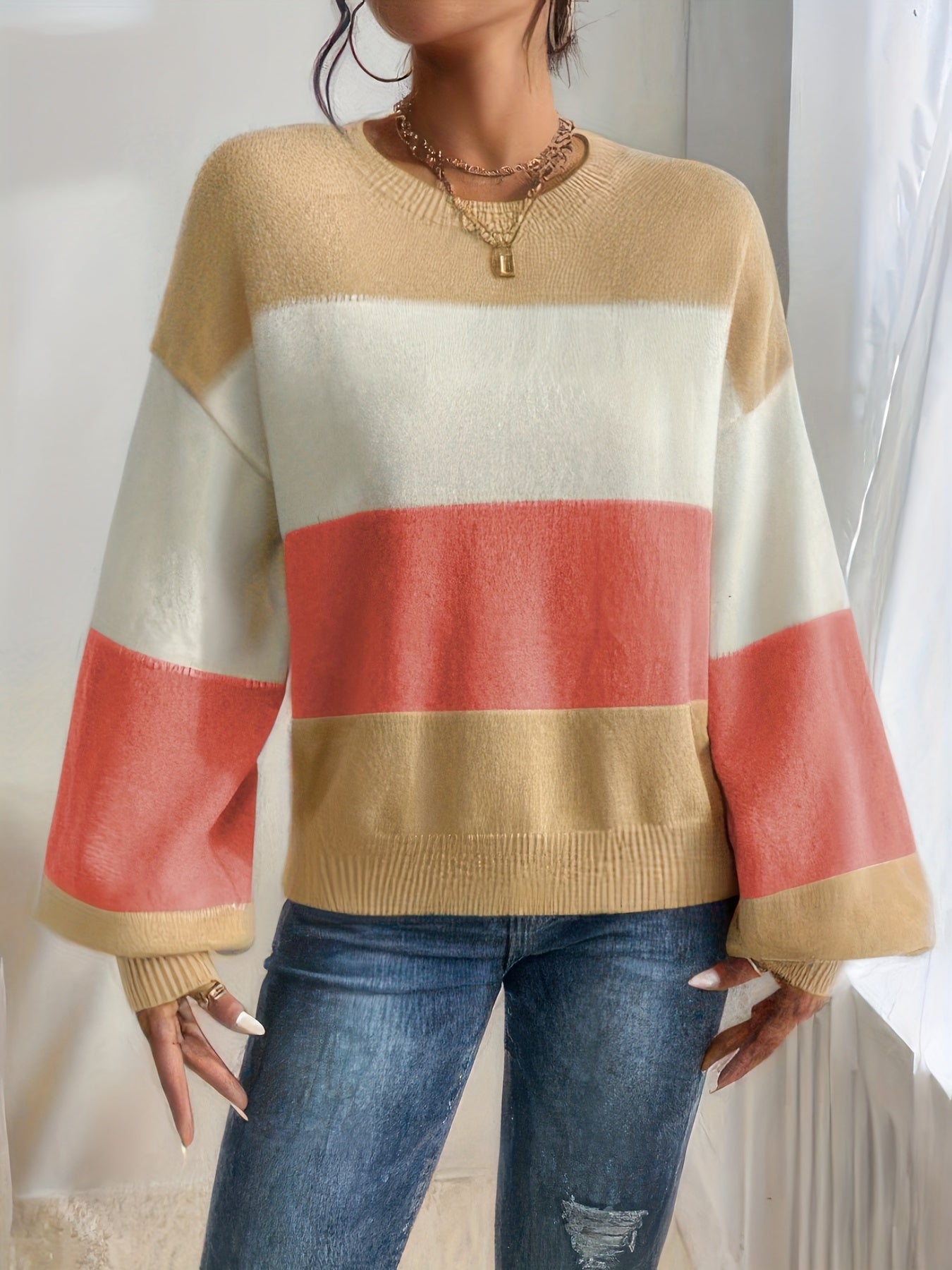 Sixsr Color Block Drop Shoulder Sweater, Casual Lantern Sleeve Pullover Knitted Top, Women's Clothing