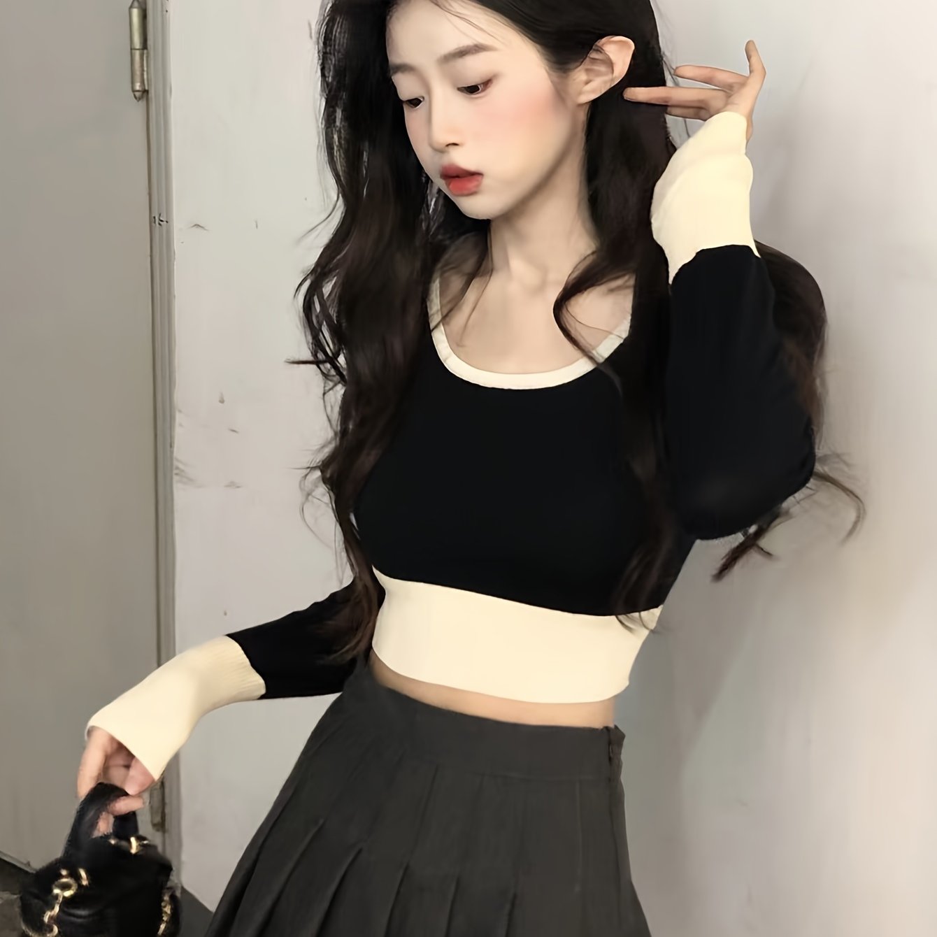 Sixsr Color Block Scoop Neck Knitted Top, Vintage Long Sleeve Crop Fashion Sweater, Women's Clothing