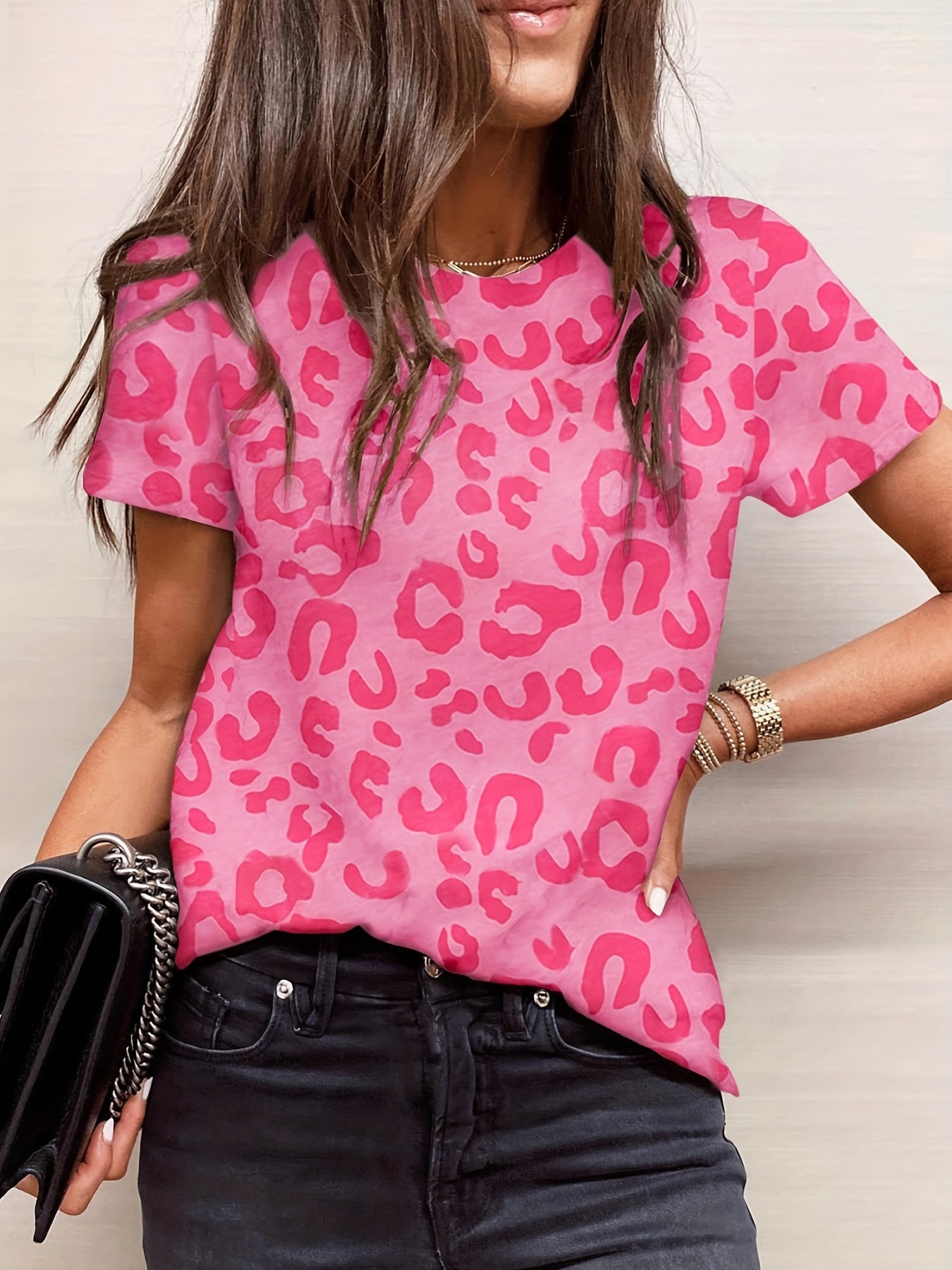 Sixsr Dalmatian Print Crew Neck T-Shirt, Casual Short Sleeve T-Shirt For Spring & Summer, Women's Clothing