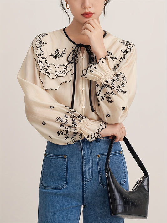 Sixsr Floral Embroidered Button Up Doll Collar Blouse, Long Sleeve Tie Neck Elegant Blouse, Women's Clothing