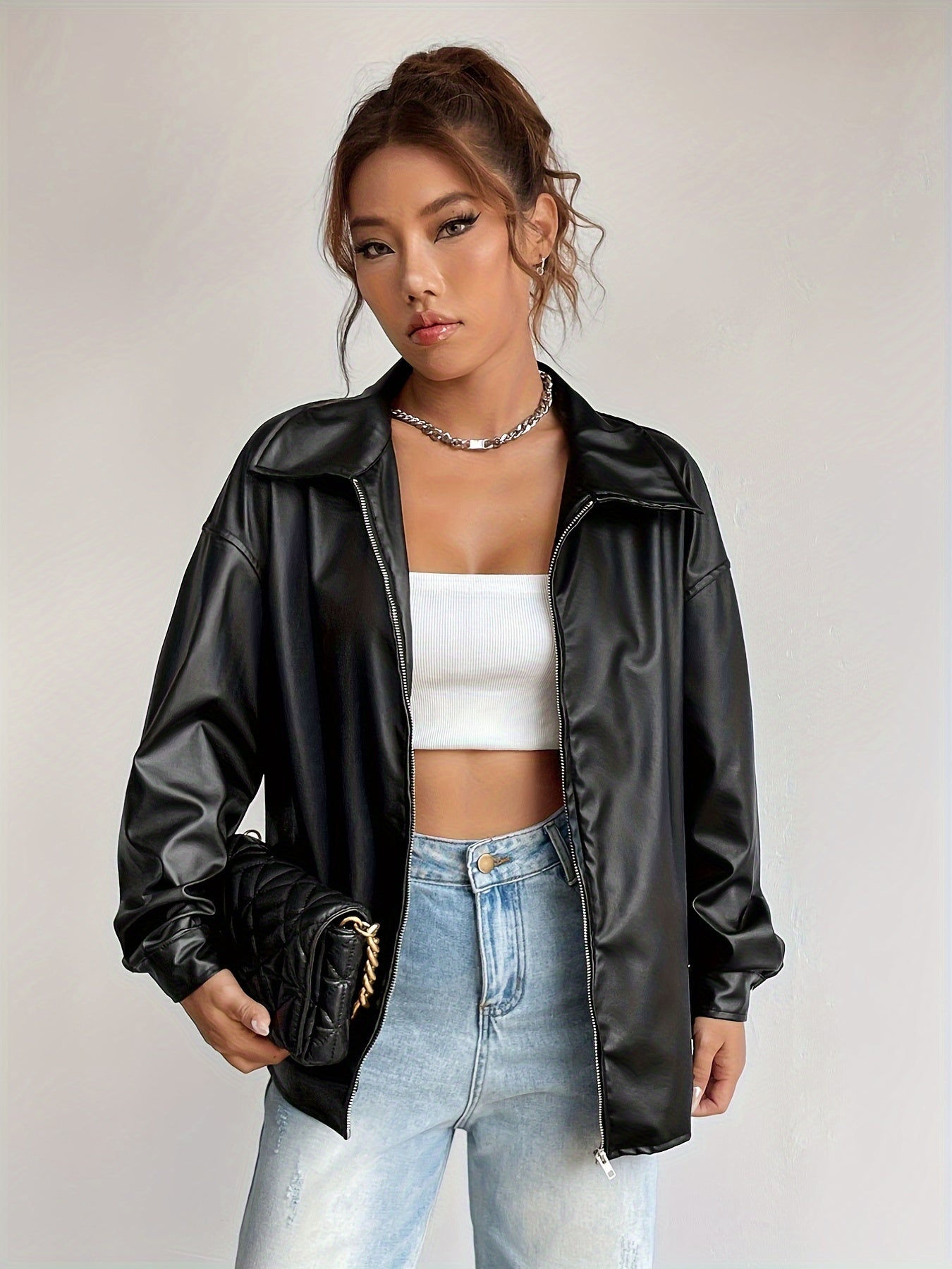 Sixsr Solid Zipper Front PU Leather Jacket, Casual Y2K Long Sleeve Jacket For Spring & Fall, Women's Clothing
