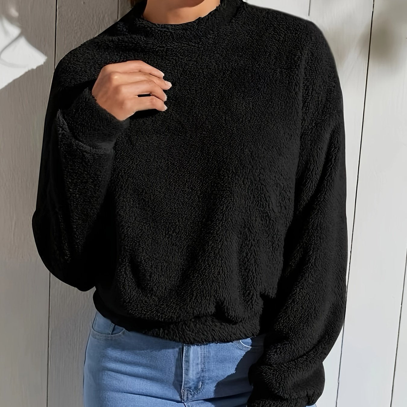 Sixsr Solid Plush Drop Shoulder Sweatshirt, Versatile Long Sleeve Crew Neck Sweatshirt, Women's Clothing