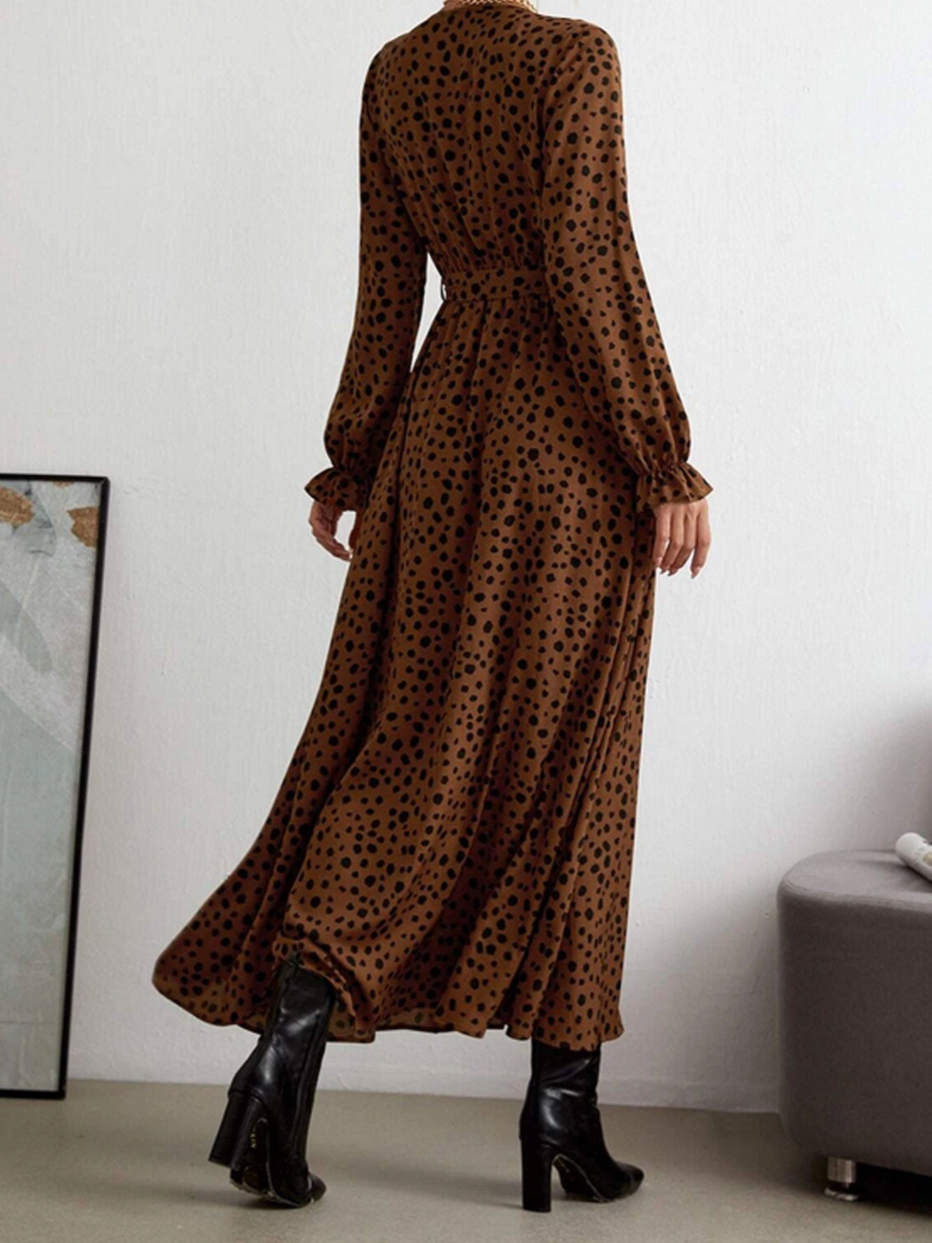 Sixsr Sexy Leopard Print Long Dress, Long Sleeve V-neck Fashion Waist Belt Long Dresses, Women's Clothing