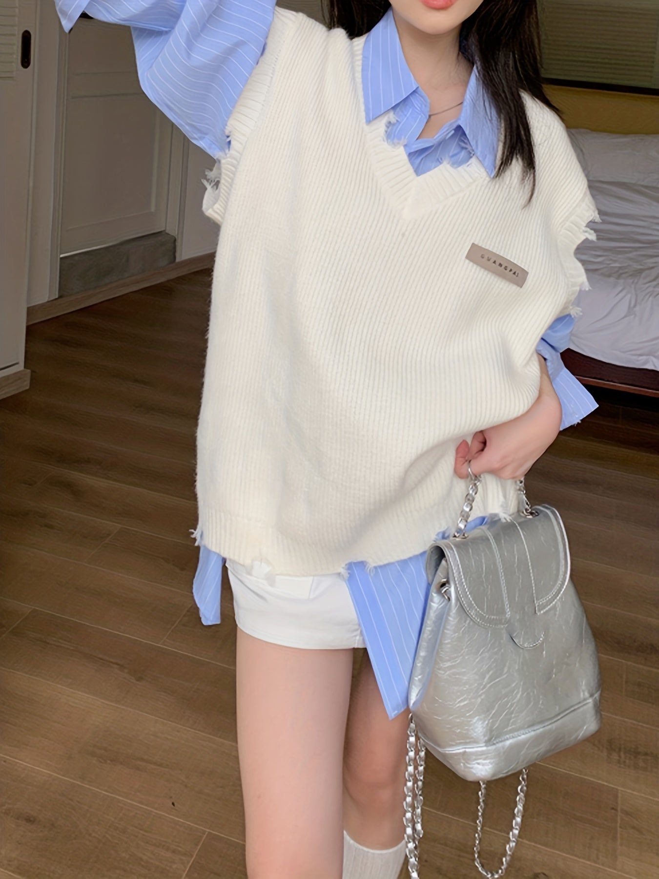 Sixsr Oversized Ripped V Neck Sweater Vest, Casual Sleeveless Ram Hem Sweater, Women's Clothing