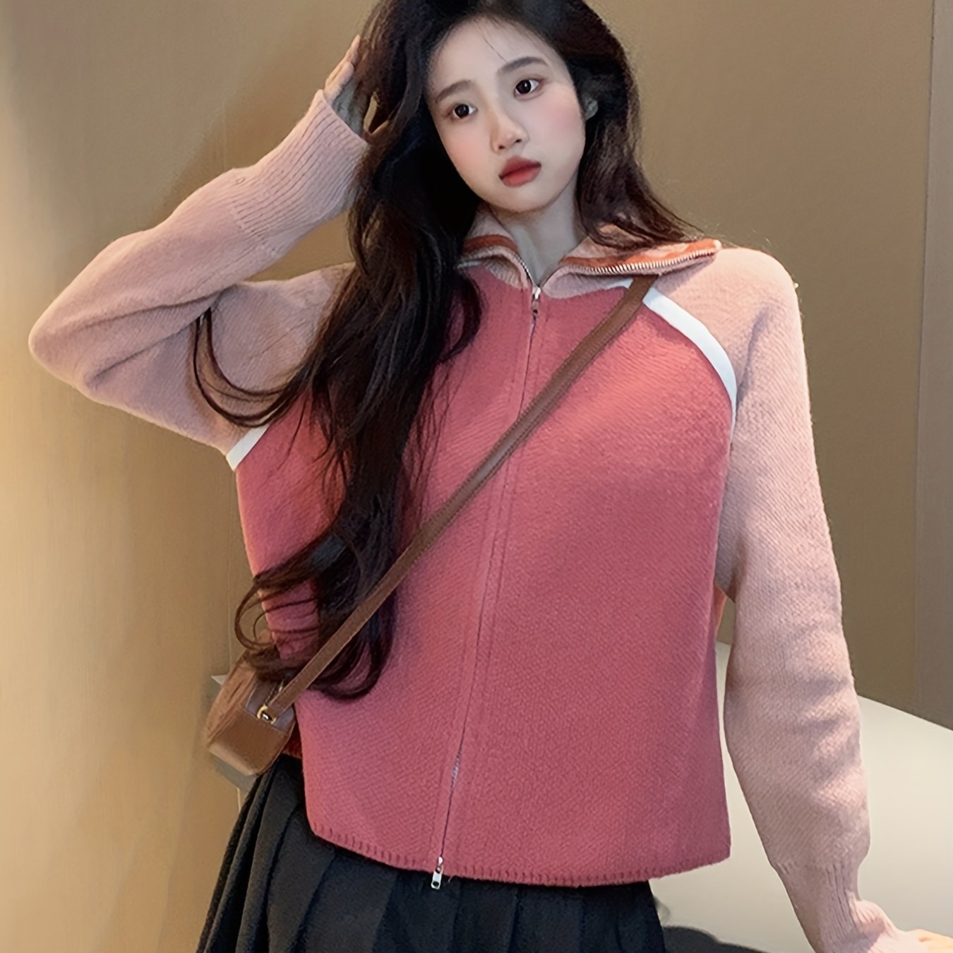 Sixsr Color Block Zip Up Cardigan, Long Sleeve Turtle Neck Outwear, Women's Clothing