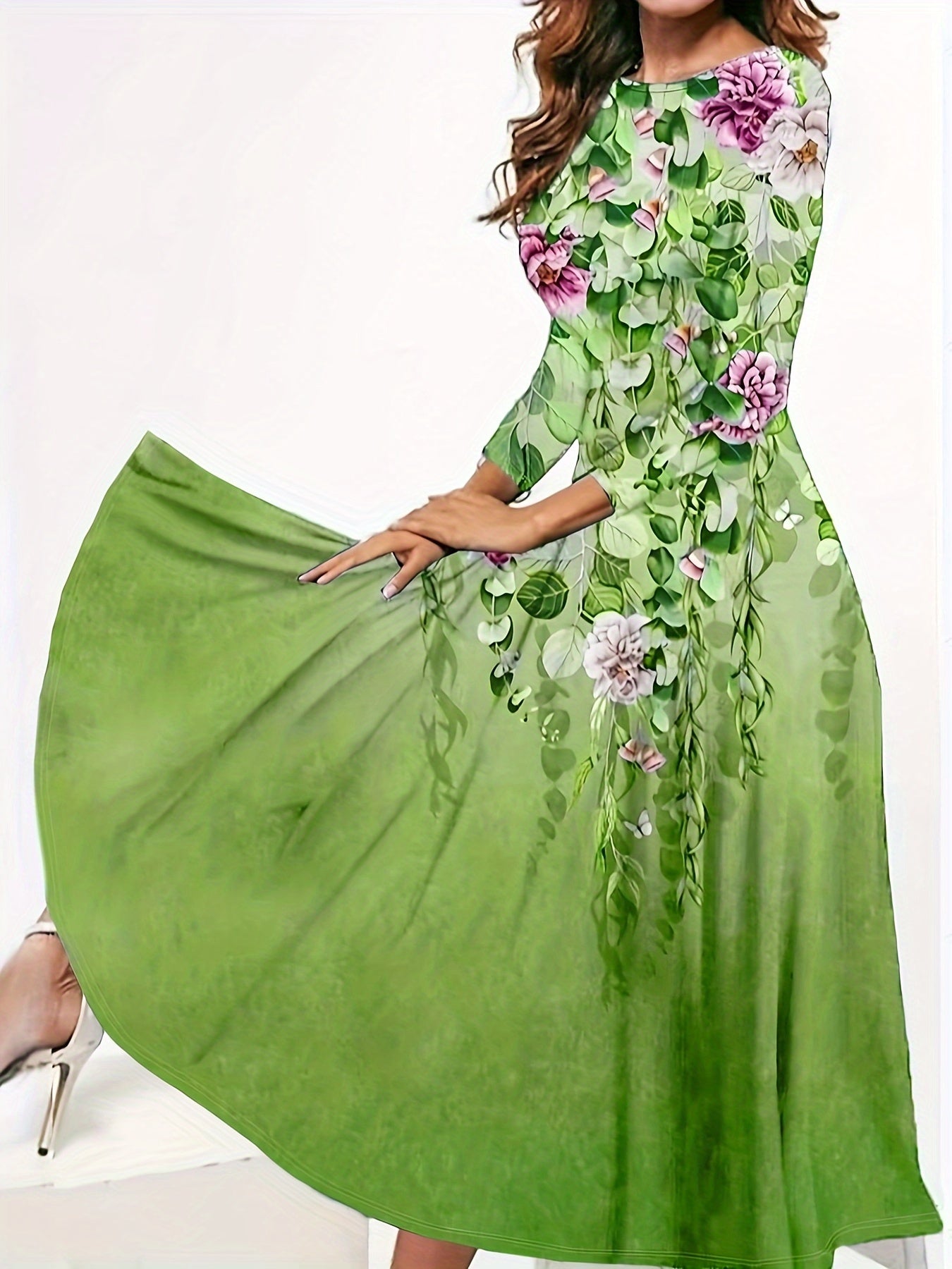 Sixsr Vintage Floral Print Dress, Elegant Crew Neck Long Sleeve Dress, Women's Clothing