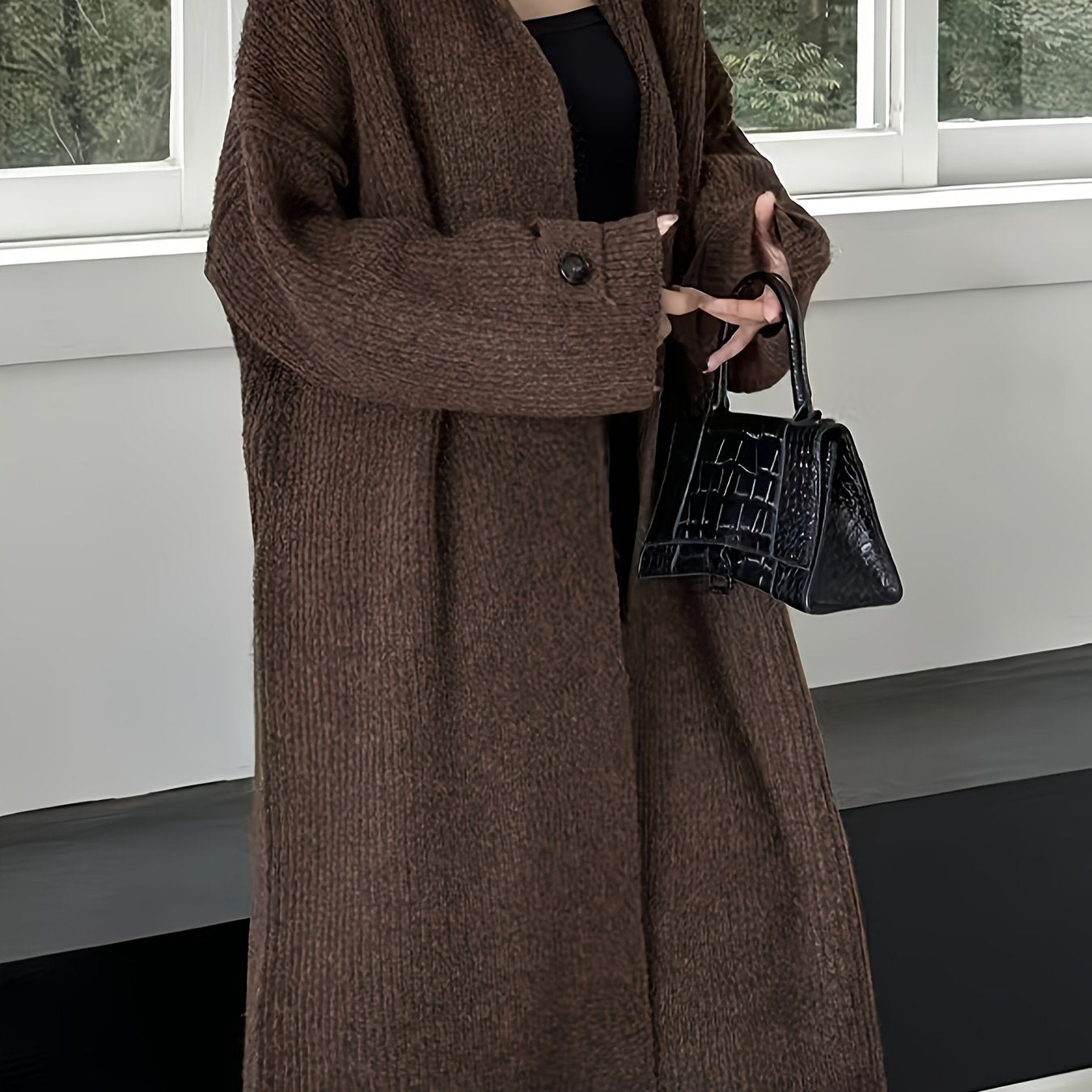 Sixsr Elegant Open Front Solid Cardigan, Long Sleeve Midi Length Cardigan For Fall & Winter, Women's Clothing