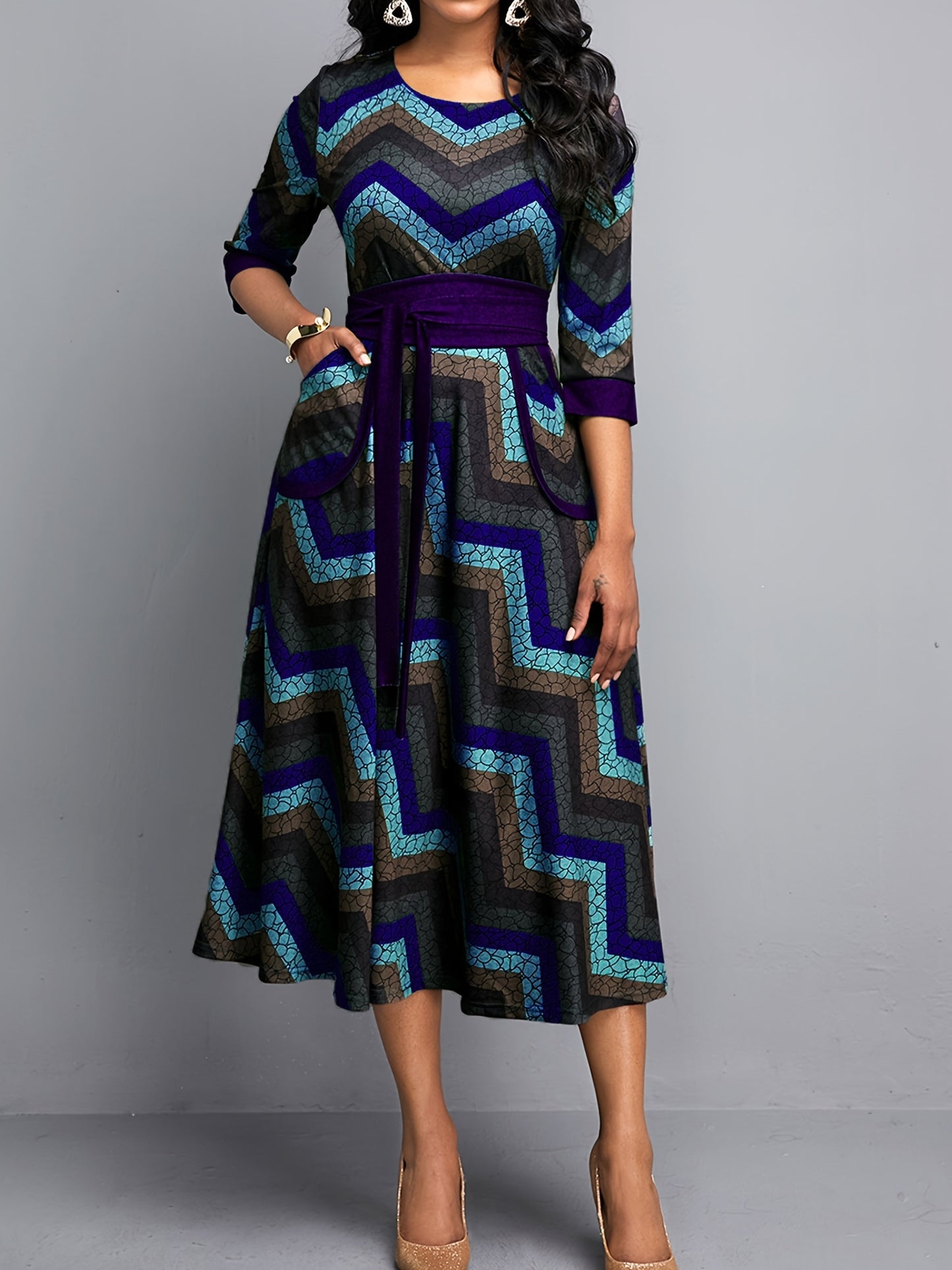 Sixsr Geo Print Tie Front Dress, Casual Pocket Crew Neck Half Sleeve Dress, Women's Clothing