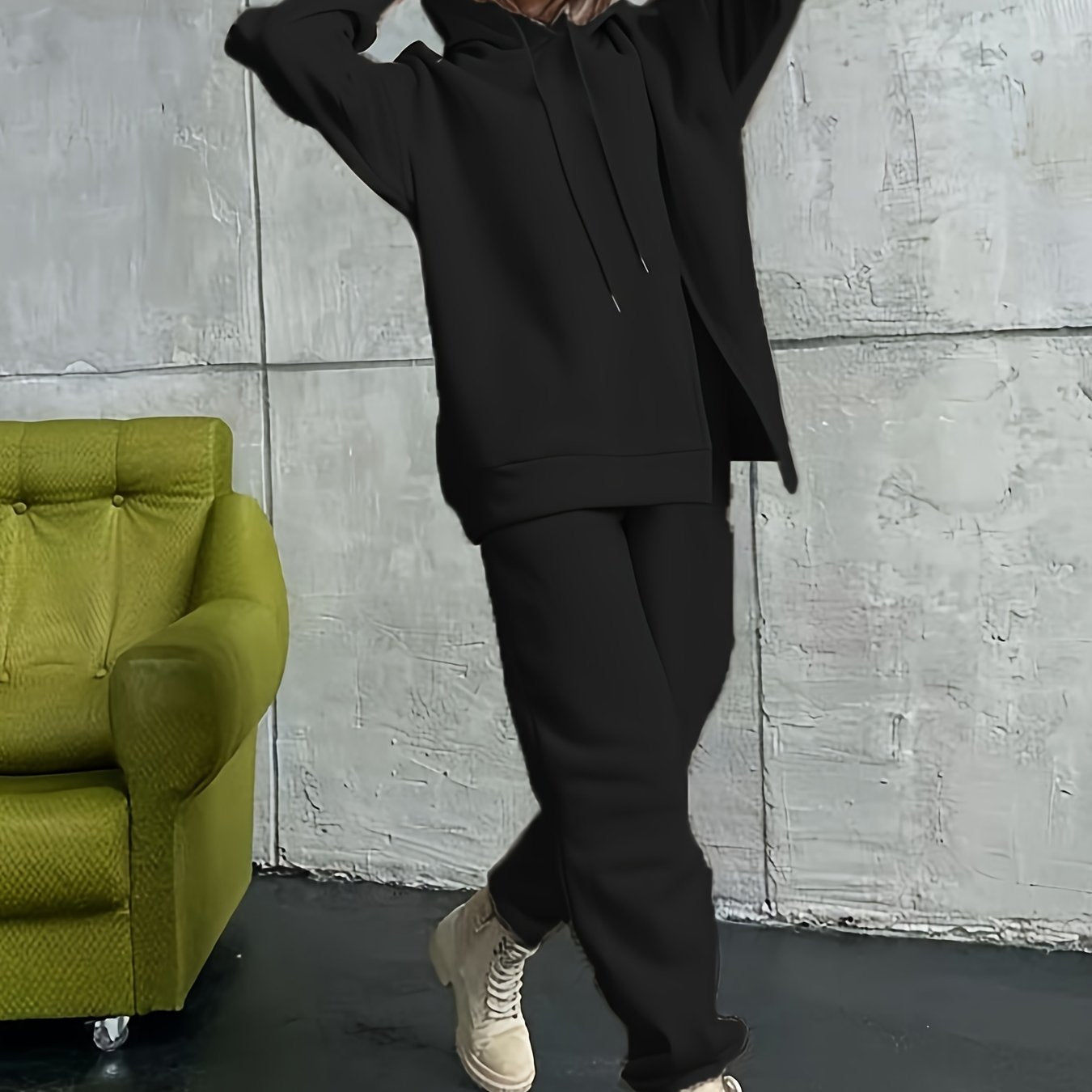 Sixsr Solid Casual Two-piece Set, Split Drawstring Hoodies Sweatshirt & Jogger Pants Outfits, Women's Clothing