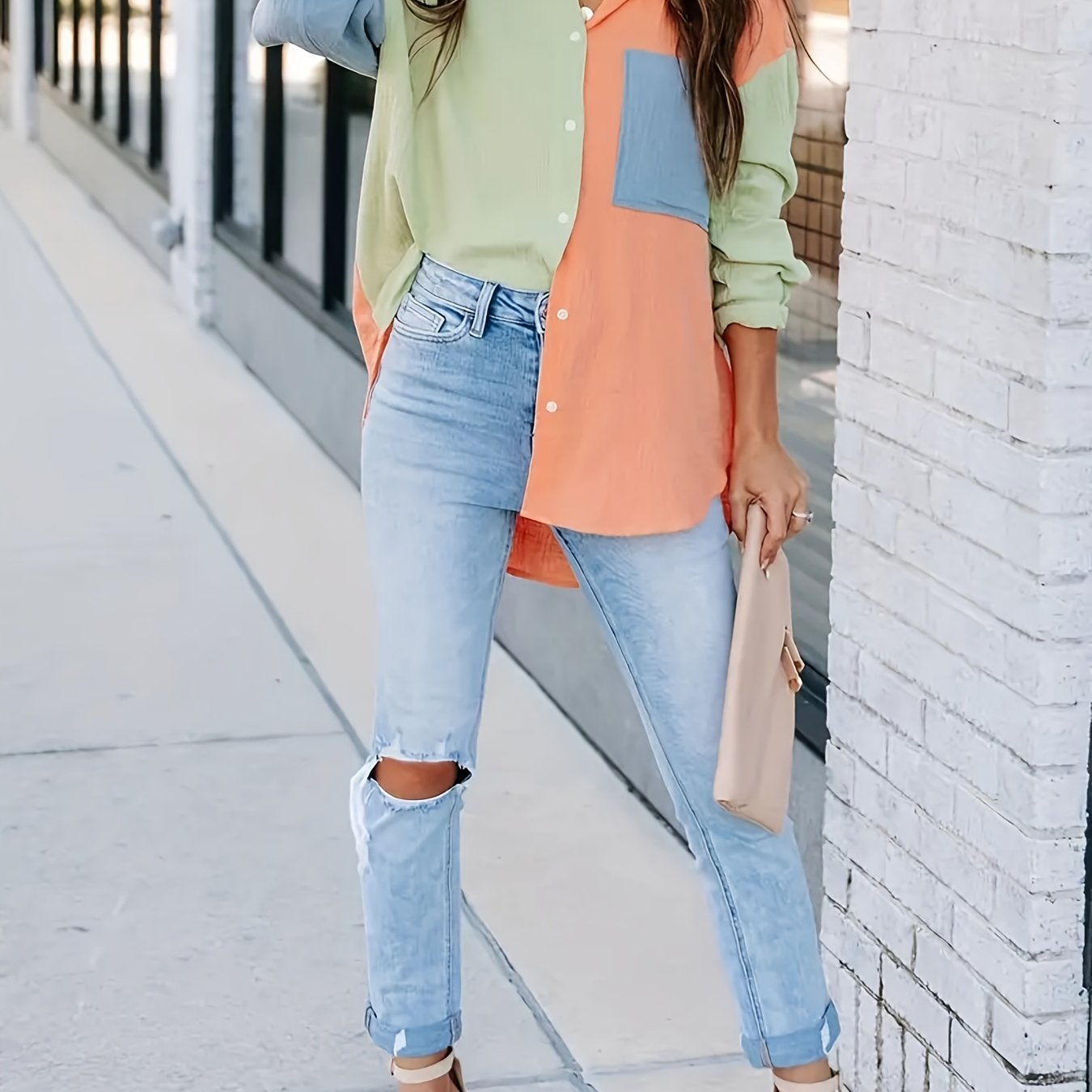 Sixsr Plus Size Casual Blouse, Women's Plus Colorblock Cinkle Butoon Up Long Sleeve Turn Down Collar Blouse