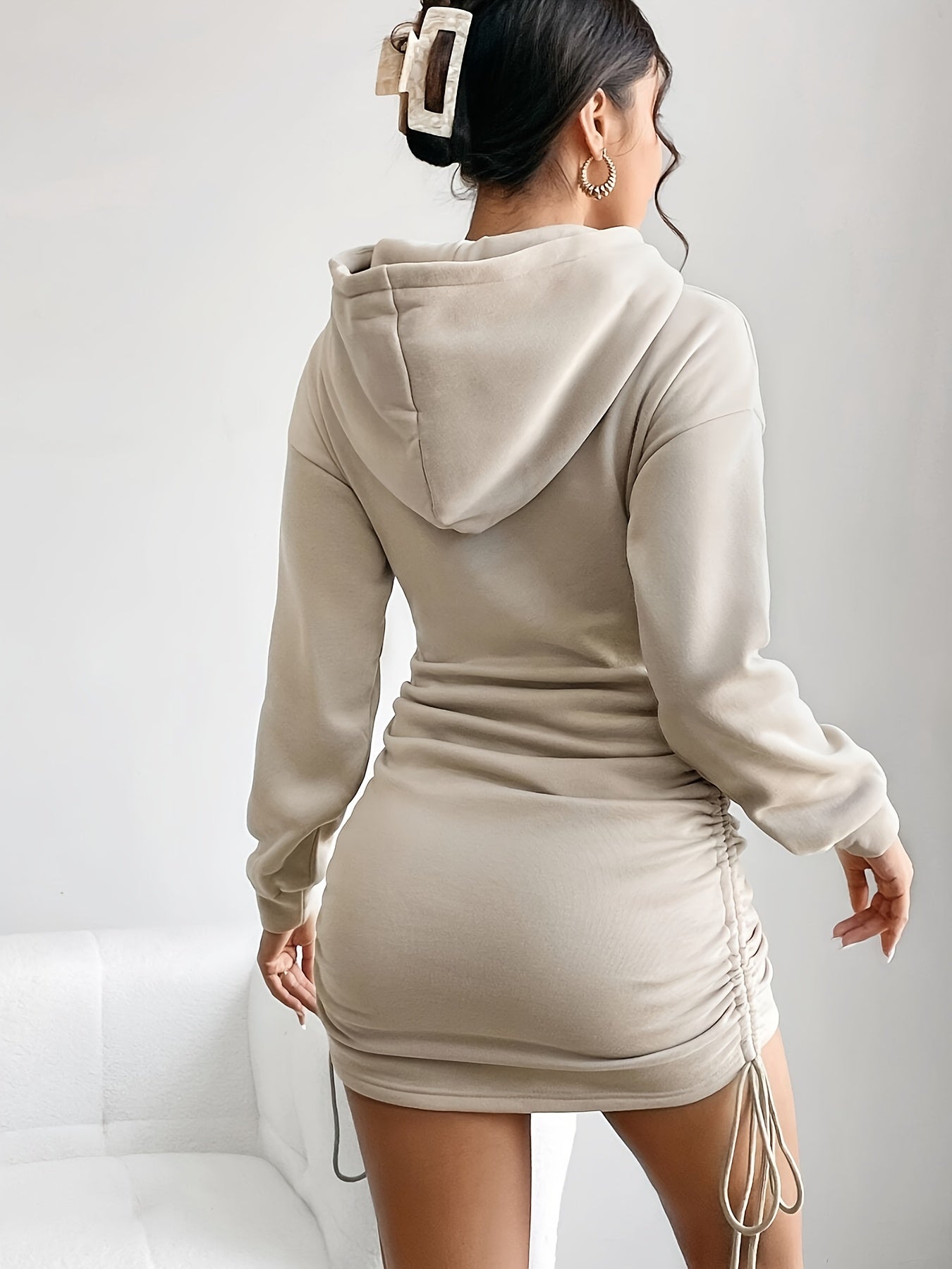 Sixsr Drawstring Hoodie Ruched Dress, Casual Long Sleeve Dress For Spring & Fall, Women's Clothing