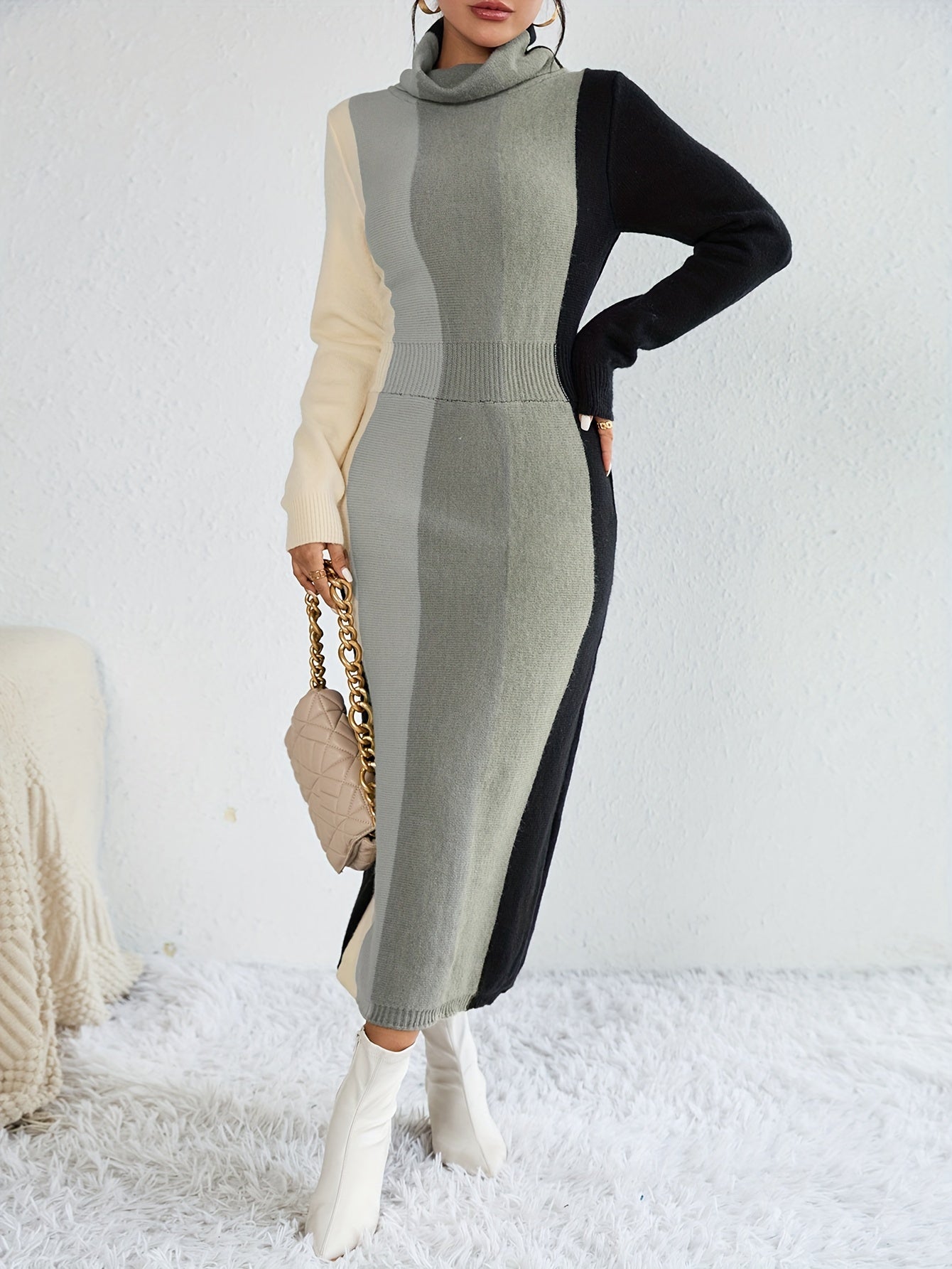Sixsr Color Block Rib Knit Dress, Casual High Neck Long Sleeve Midi Dress, Women's Clothing