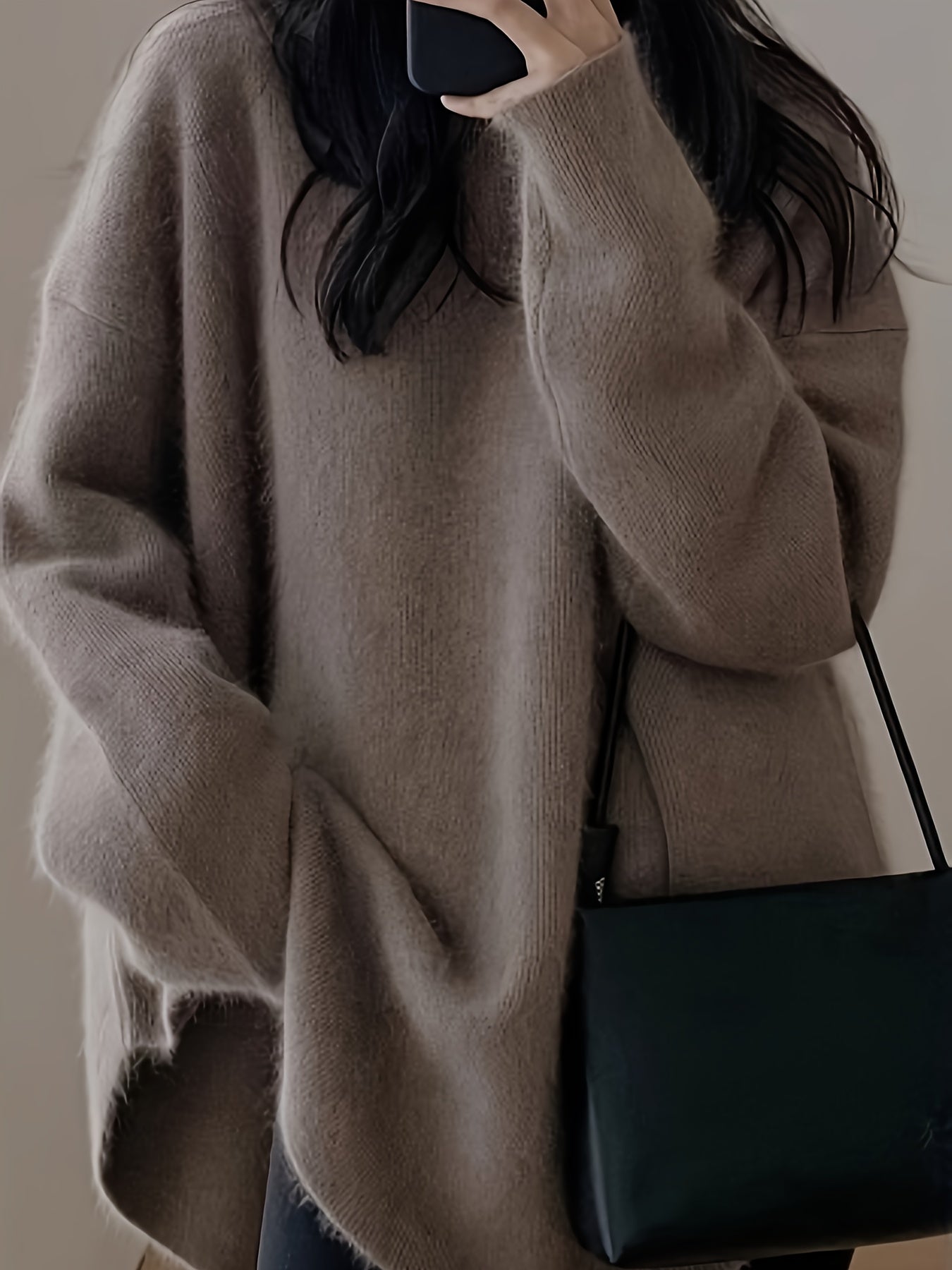 Sixsr Solid Crew Neck Pullover Sweater, Casual Split Long Sleeve Oversized Sweater, Women's Clothing