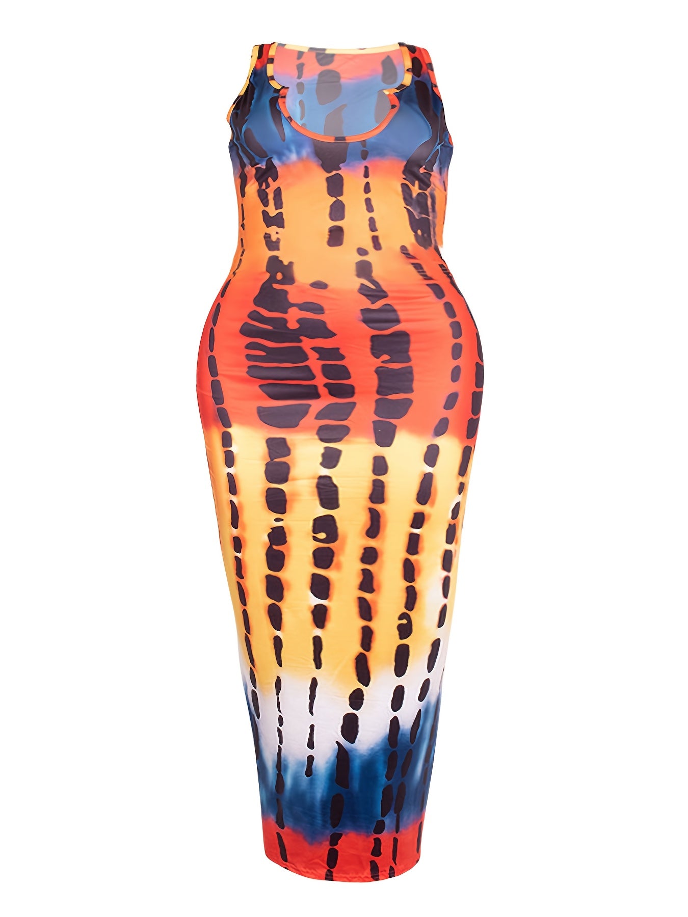 Sixsr Plus Size Casual Tank Dress, Women's Plus Colorblock Tie Dye Notched Neck High Stretch Bodycon Maxi Tank Dress