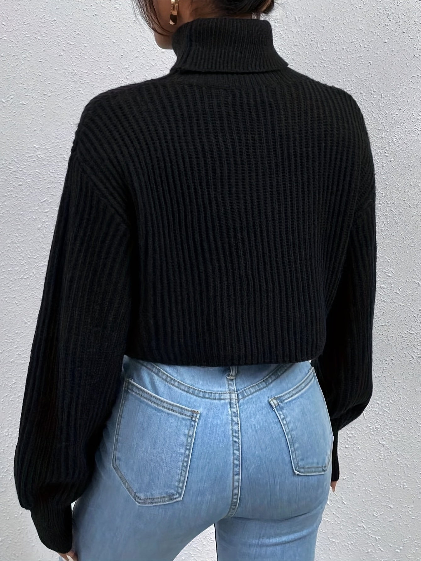 Sixsr Turtle Neck Drop Shoulder Cropped Sweater, Casual Long Sleeve Loose Fall Winter Knit Sweater, Women's Clothing
