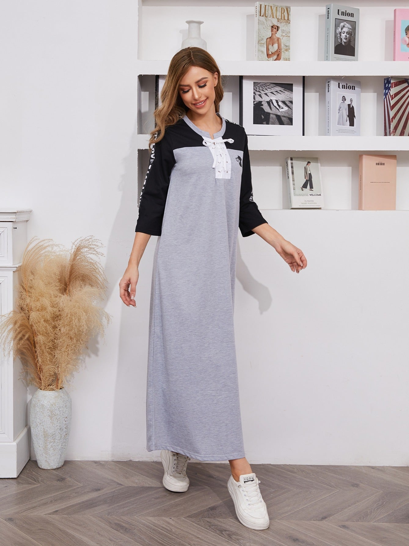 Sixsr Women's Dresses Color Block Crew Neck Drawstring Dresses