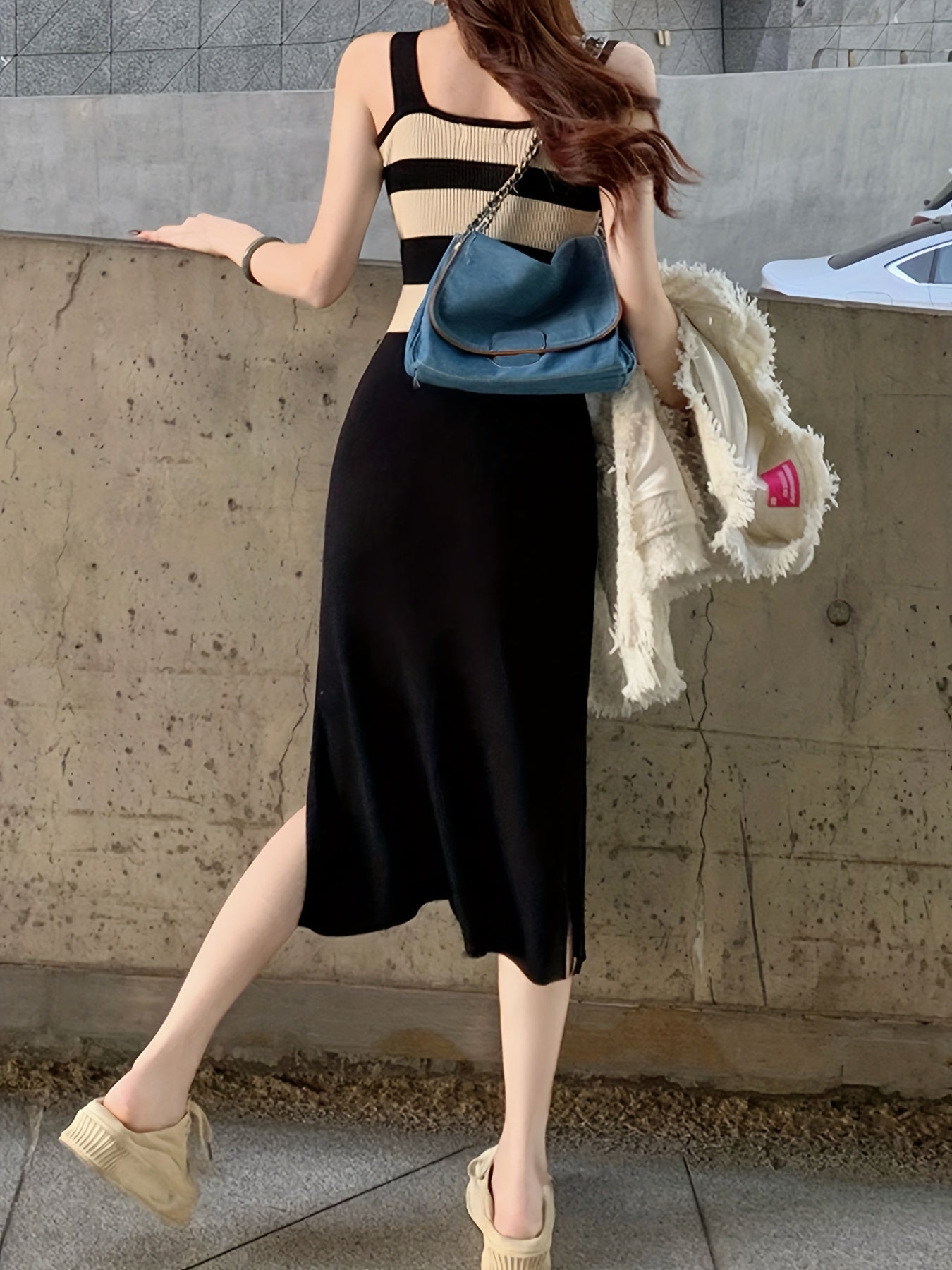 Sixsr Knitted Striped Tank Dress, Color Block Side Slit Casual Dress, Women's Clothing