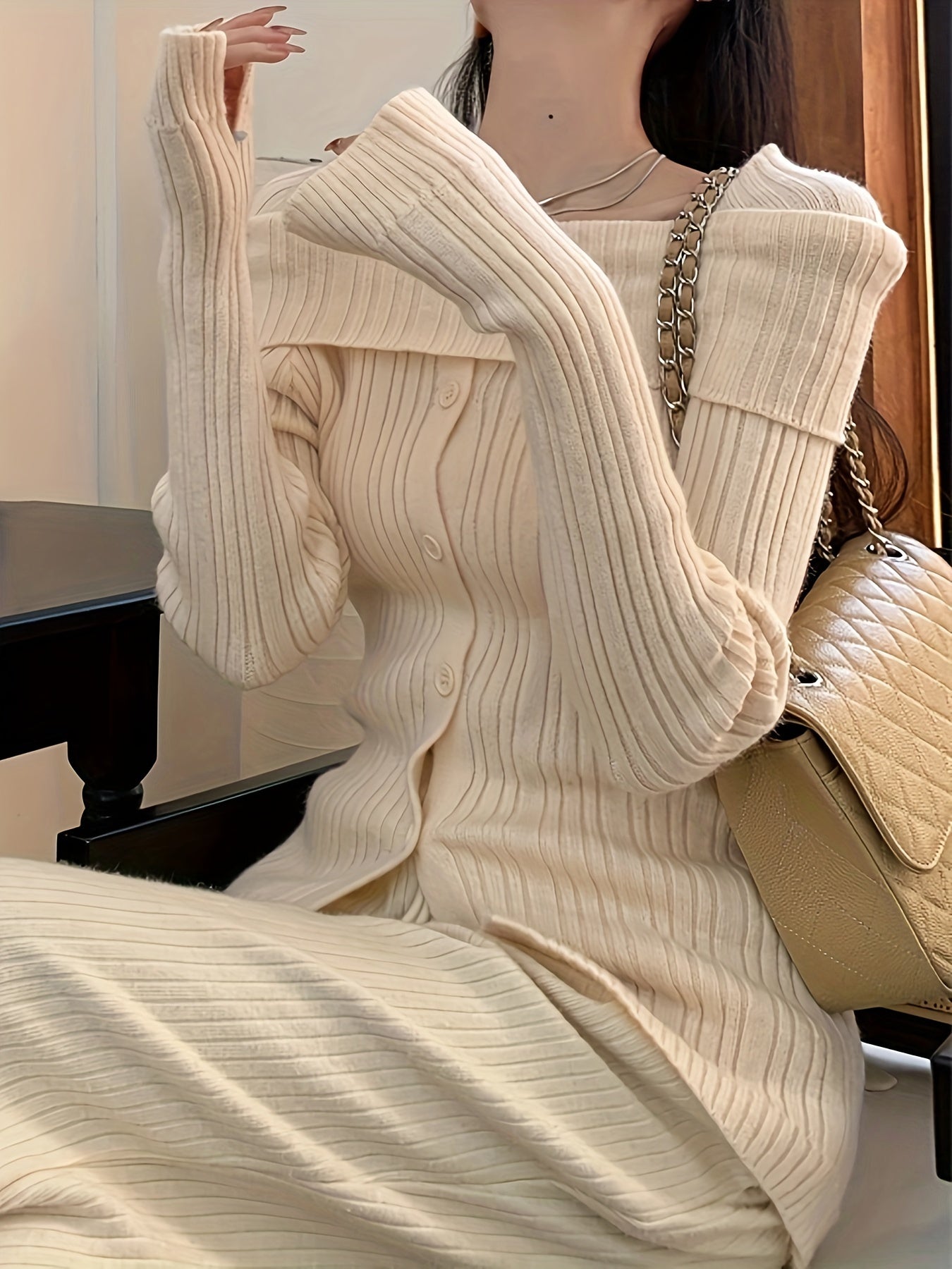 Sixsr Solid Off Shoulder Rib Knit Sweater, Elegant Button Front Long Sleeve Slim Sweater, Women's Clothing