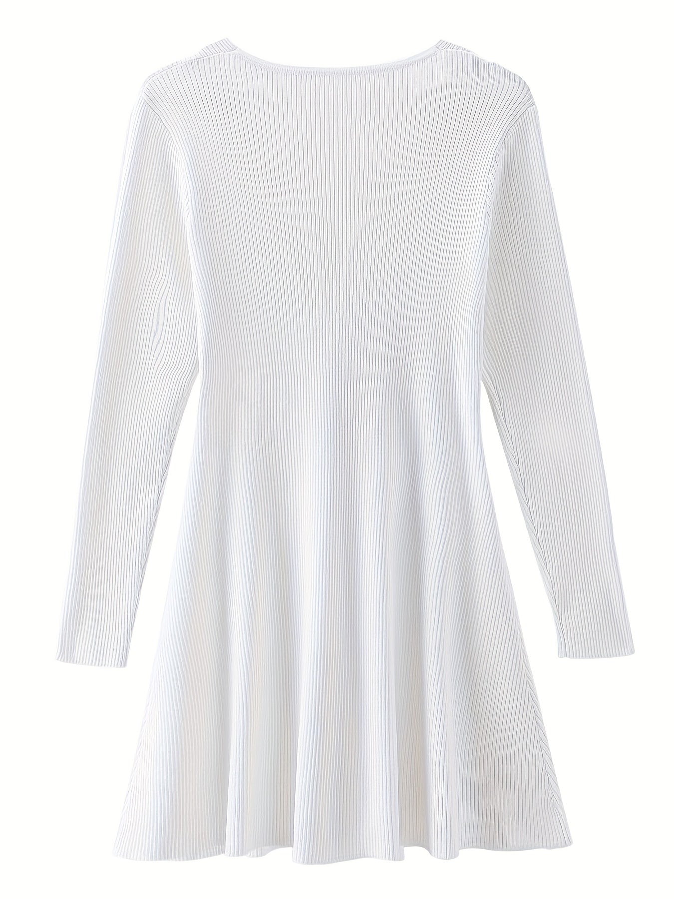 Sixsr Ribbed Flared Dress, Sexy Solid V Neck Long Sleeve Dress, Women's Clothing