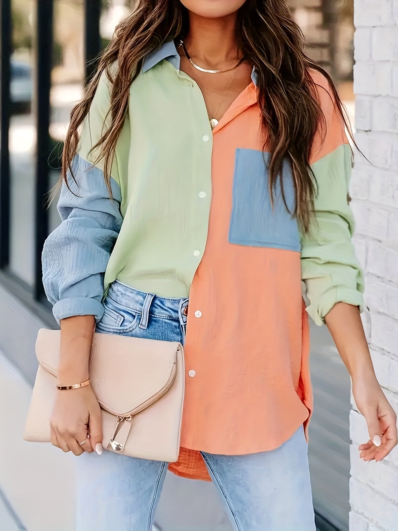 Sixsr Plus Size Casual Blouse, Women's Plus Colorblock Cinkle Butoon Up Long Sleeve Turn Down Collar Blouse