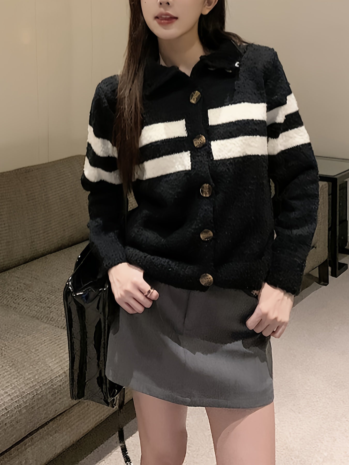Sixsr Striped Button Front Knit Cardigan, Casual Long Sleeve Sweater, Women's Clothing